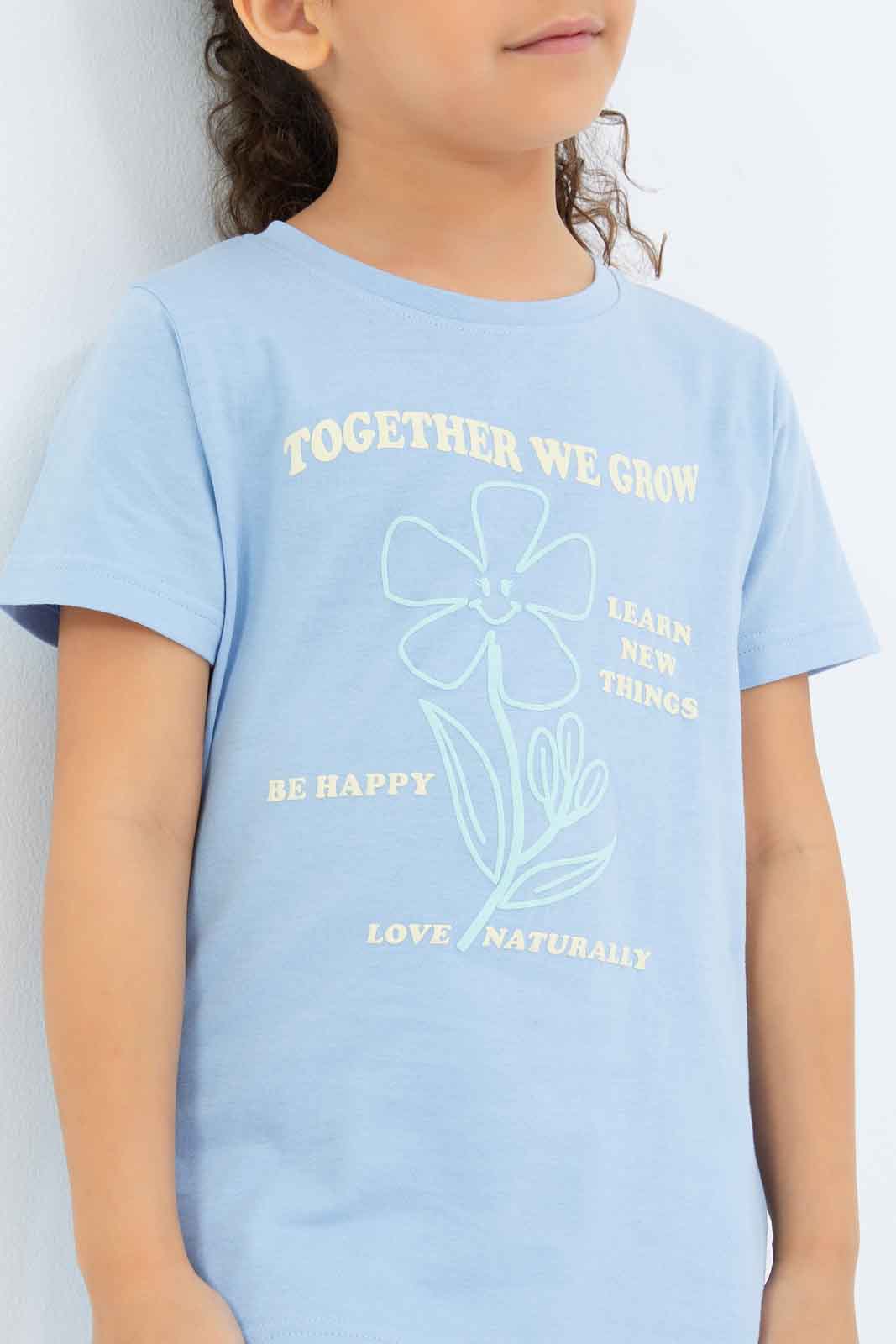 Redtag-Girls-Blue-Flower-Puff-Print-Tee-Category:T-Shirts,-Colour:Blue,-Deals:New-In,-Filter:Girls-(2-to-8-Yrs),-GIR-T-Shirts,-New-In-GIR-APL,-Non-Sale,-S23B,-Section:Girls-(0-to-14Yrs),-TBL-Girls-2 to 8 Years