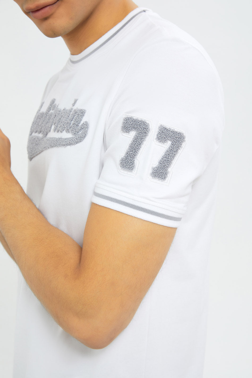 Redtag-Men-White-Varsity-T-Shirt-With-Applique-Category:T-Shirts,-Colour:White,-Deals:New-In,-Filter:Men's-Clothing,-H1:MWR,-H2:GEN,-H3:TSH,-H4:TSH,-Men-T-Shirts,-New-In-Men-APL,-Non-Sale,-S23C,-Season:S23C,-Section:Men-Men's-