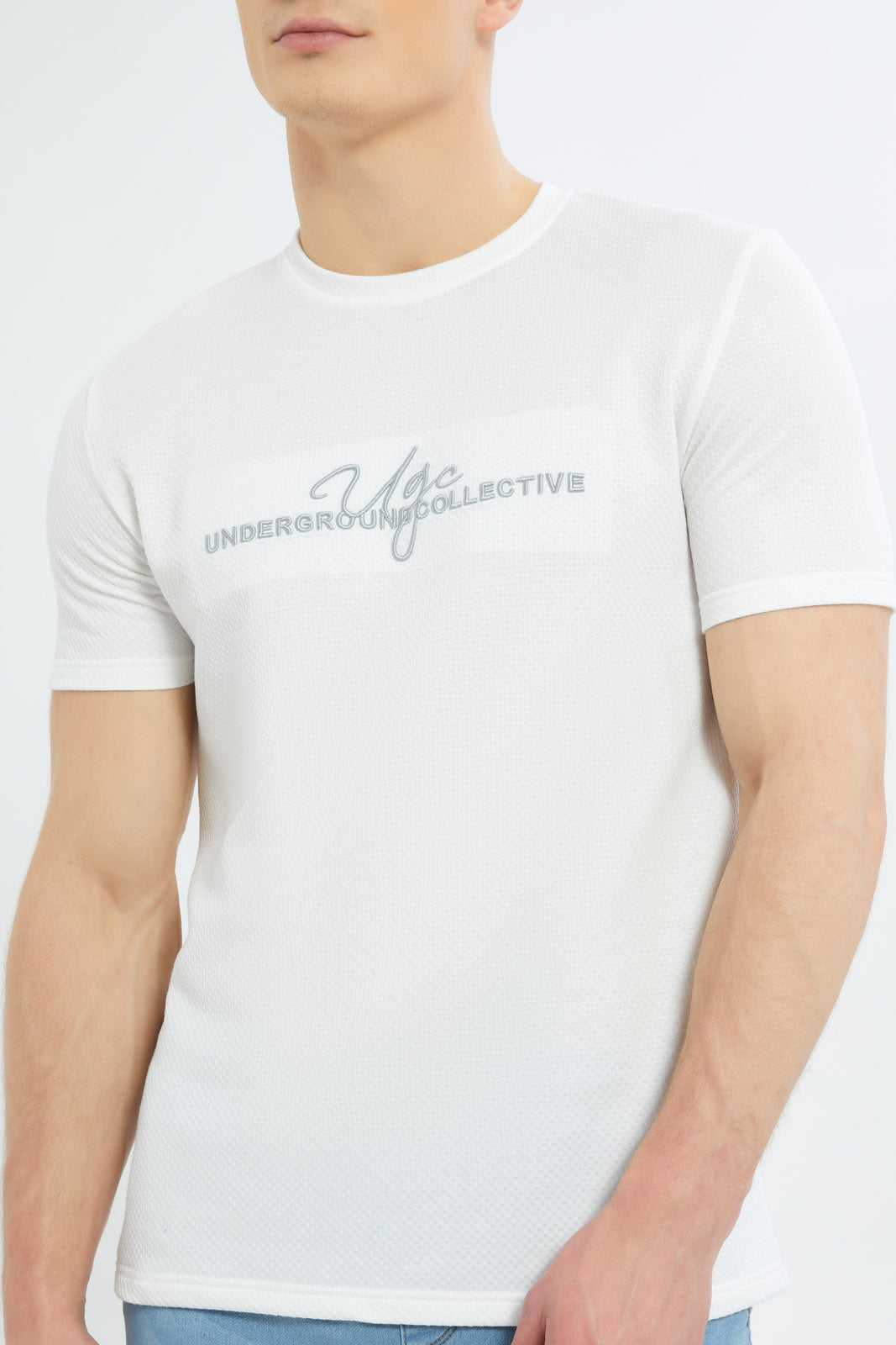 Redtag-Men-White-Jacquard-T-Shirt-With-Emb-Category:T-Shirts,-Colour:White,-Deals:New-In,-Filter:Men's-Clothing,-Men-T-Shirts,-New-In-Men-APL,-Non-Sale,-S23C,-Section:Men-Men's-