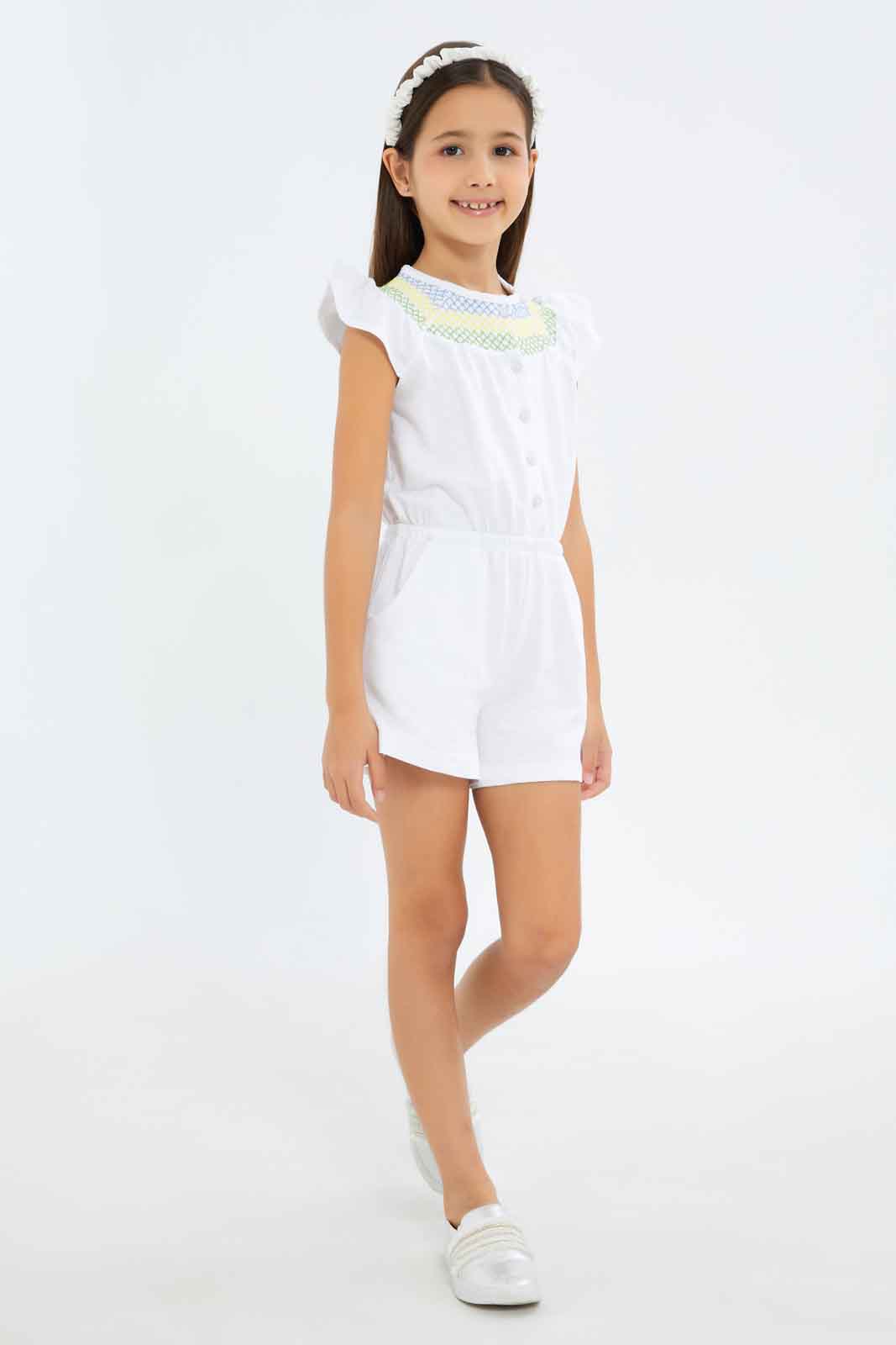 Redtag-Girls-White-Jumpsuit-Category:Jumpsuits,-Colour:White,-Deals:New-In,-Filter:Girls-(2-to-8-Yrs),-GIR-Jumpsuits,-New-In-GIR-APL,-Non-Sale,-S23B,-Section:Girls-(0-to-14Yrs)-Girls-2 to 8 Years