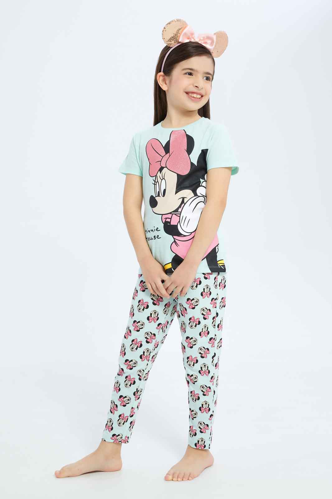 Redtag-Girls-Mint-Minni-Mouse-Pj-Set-Category:Pyjama-Sets,-Colour:Mint,-Deals:New-In,-Filter:Girls-(2-to-8-Yrs),-GIR-Pyjama-Sets,-New-In-GIR-APL,-Non-Sale,-S23B,-Section:Girls-(0-to-14Yrs)-Girls-2 to 8 Years