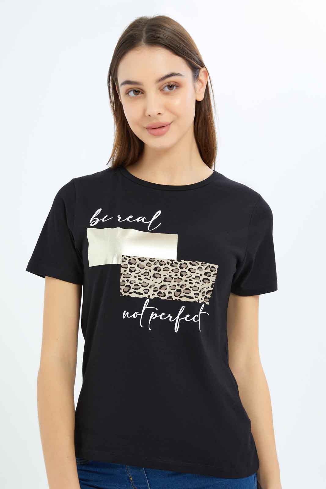 Redtag-Women-Black-Be-Real-Printed-T-Shirt-Category:T-Shirts,-Colour:Black,-Deals:New-In,-Filter:Women's-Clothing,-New-In-Women-APL,-Non-Sale,-S23B,-Section:Women,-TBL,-Women-T-Shirts-Women's-
