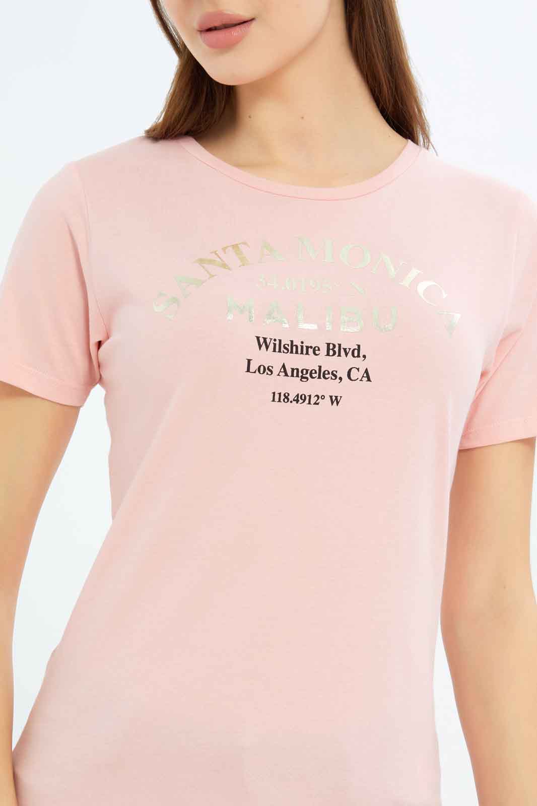 Redtag-Women-Rose-Santa-Monika-Printed-T-Shirt-Category:T-Shirts,-Colour:Apricot,-Deals:New-In,-Filter:Women's-Clothing,-New-In-Women-APL,-Non-Sale,-S23B,-Section:Women,-TBL,-Women-T-Shirts-Women's-