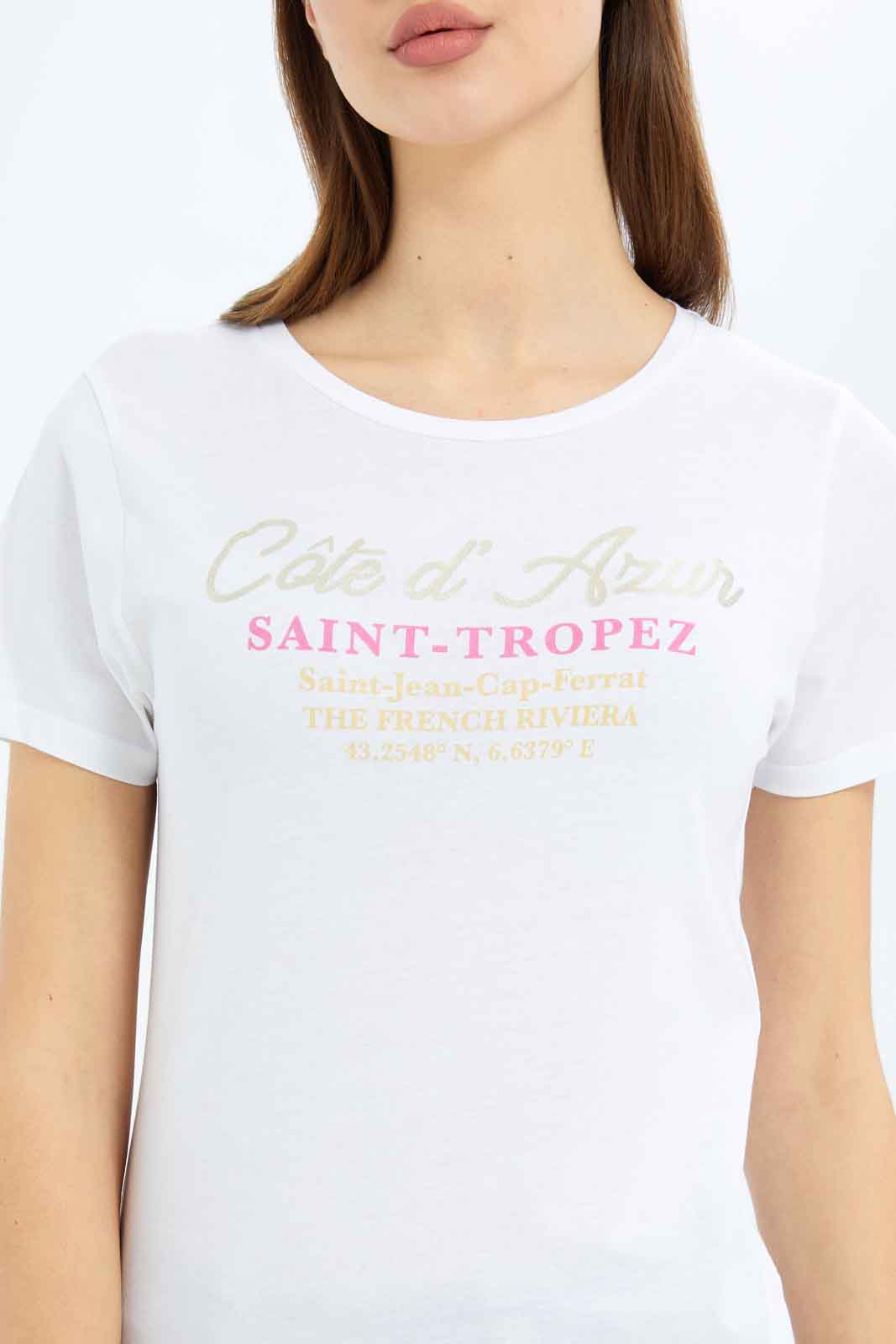 Redtag-Women-White-Cote-D'-Azur-Printed-T-Shirt-Category:T-Shirts,-Colour:White,-Deals:New-In,-Filter:Women's-Clothing,-New-In-Women-APL,-Non-Sale,-S23B,-Section:Women,-TBL,-Women-T-Shirts-Women's-