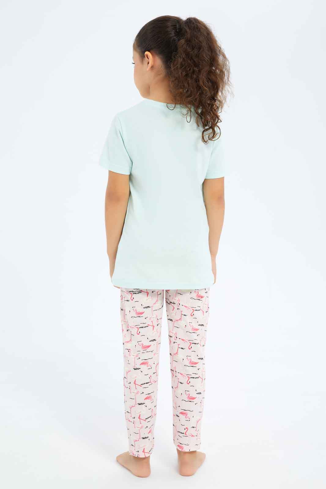 Redtag-Girls-Mint/Peach-Flamingo-Pj-Set-Category:Pyjama-Sets,-Colour:Assorted,-Deals:New-In,-Filter:Girls-(2-to-8-Yrs),-GIR-Pyjama-Sets,-New-In-GIR-APL,-Non-Sale,-S23B,-Section:Girls-(0-to-14Yrs)-Girls-2 to 8 Years