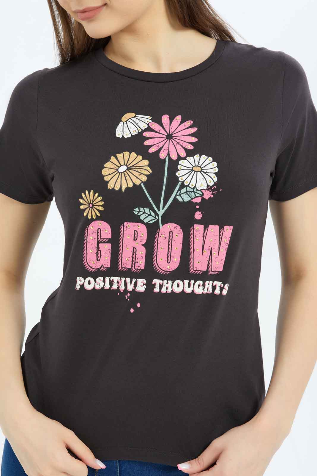 Redtag-Women-Black-Positive-Thoughts-Embellsihed-T-Shirt-Category:T-Shirts,-Colour:Black,-Deals:New-In,-Filter:Women's-Clothing,-New-In-Women-APL,-Non-Sale,-S23B,-Section:Women,-TBL,-Women-T-Shirts-Women's-