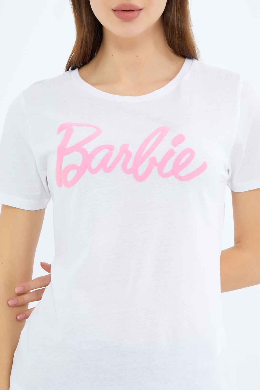 Redtag-Women-White-Barbie-Printed-T-Shirt-Category:T-Shirts,-CHA,-Colour:White,-Deals:New-In,-Filter:Women's-Clothing,-New-In-Women-APL,-Non-Sale,-S23B,-Section:Women,-TBL,-Women-T-Shirts-Women's-