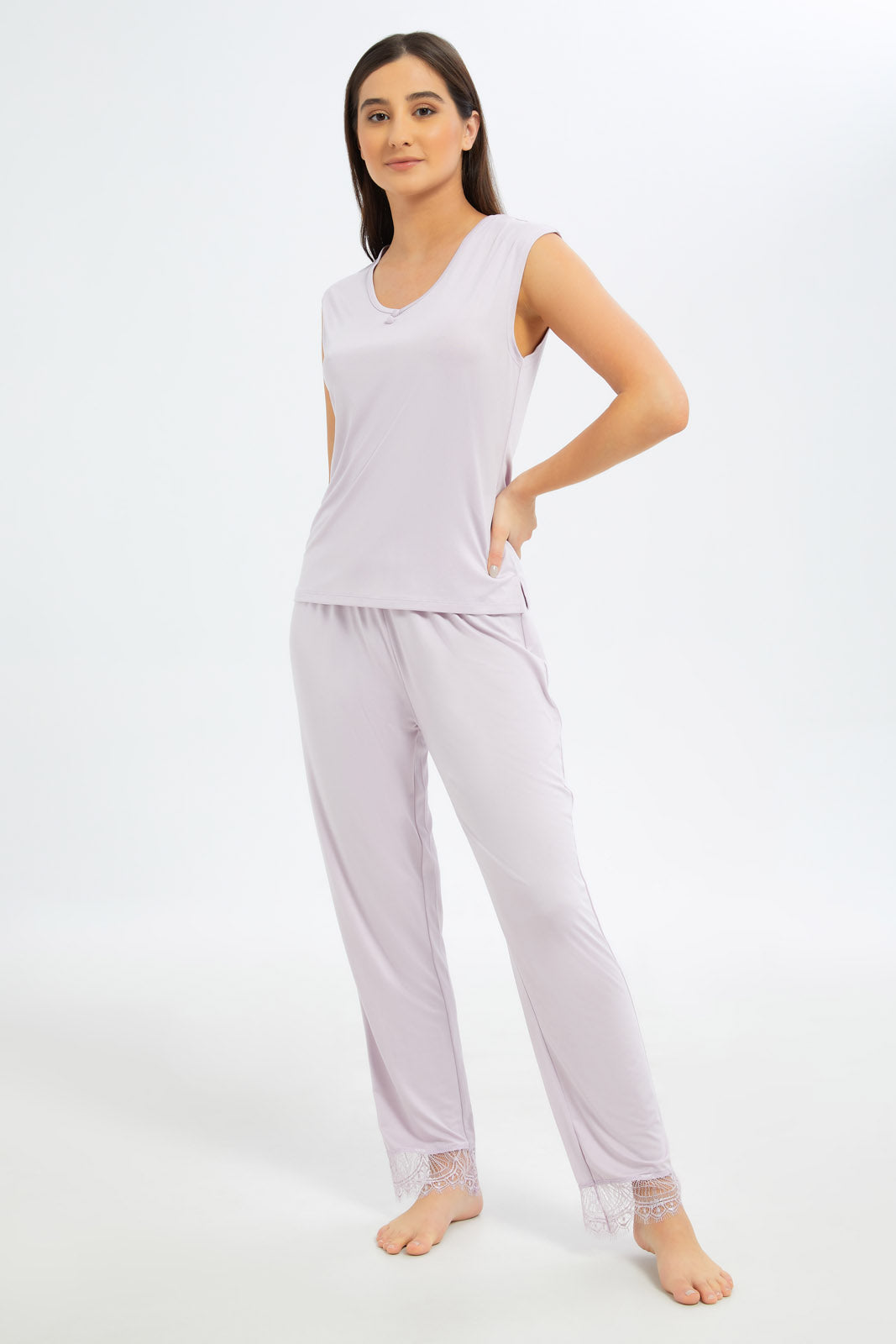 Redtag-Women-Lilac-Cap-Sleeves-Pyjama-Set-Category:Pyjama-Sets,-Colour:Lilac,-Deals:New-In,-Filter:Women's-Clothing,-New-In-Women-APL,-Non-Sale,-S23B,-Section:Women,-Women-Pyjama-Sets--