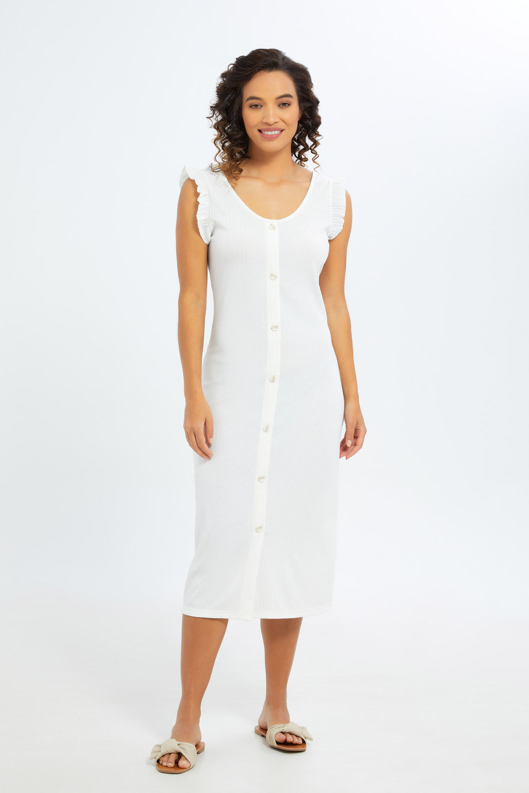 Redtag-Women-White-Frill-Shoulder-Rib-Dress-Category:Dresses,-Colour:White,-Deals:New-In,-Filter:Women's-Clothing,-H1:LWR,-H2:LAD,-H3:DRS,-H4:CAD,-New-In-Women-APL,-Non-Sale,-S23C,-Season:S23C,-Section:Women,-Women-Dresses-Women's-
