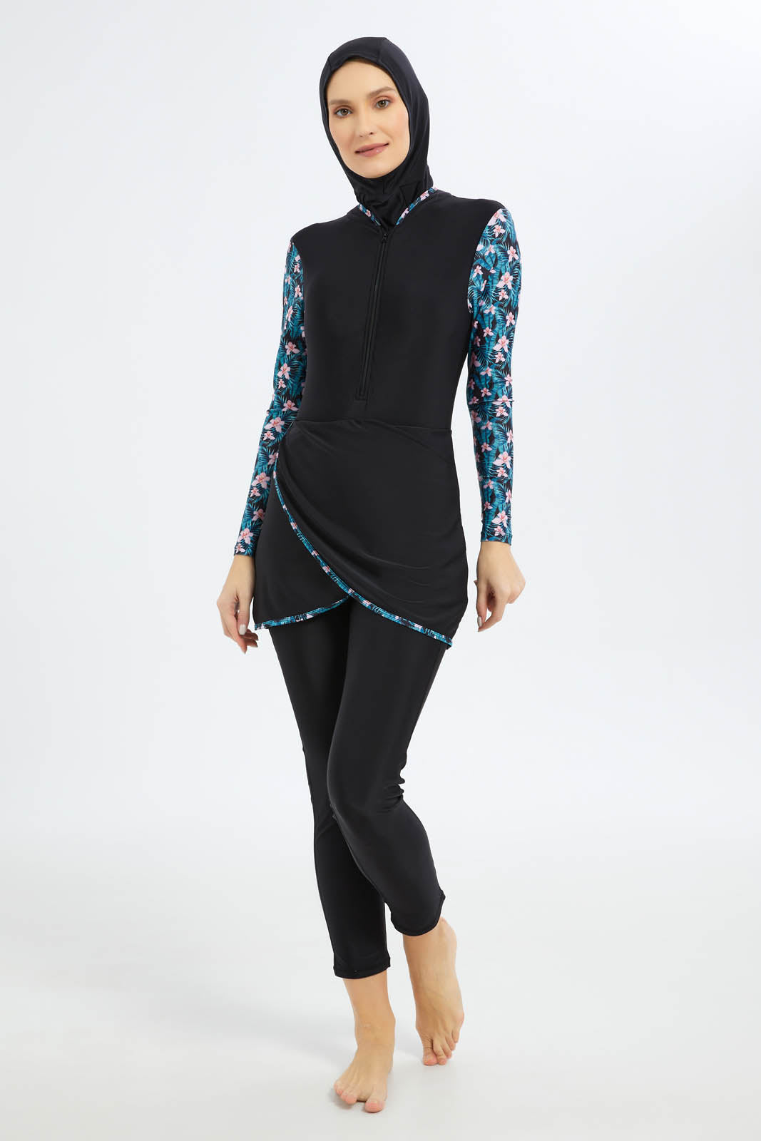 Redtag-Women-Black-Botanical-Print-Swim-Burkini-Top-And-Bottom-Set-Category:Swimwear,-Colour:Black,-Deals:New-In,-Filter:Women's-Clothing,-New-In-Women-APL,-Non-Sale,-S23B,-Section:Women,-Women-Swimwear--
