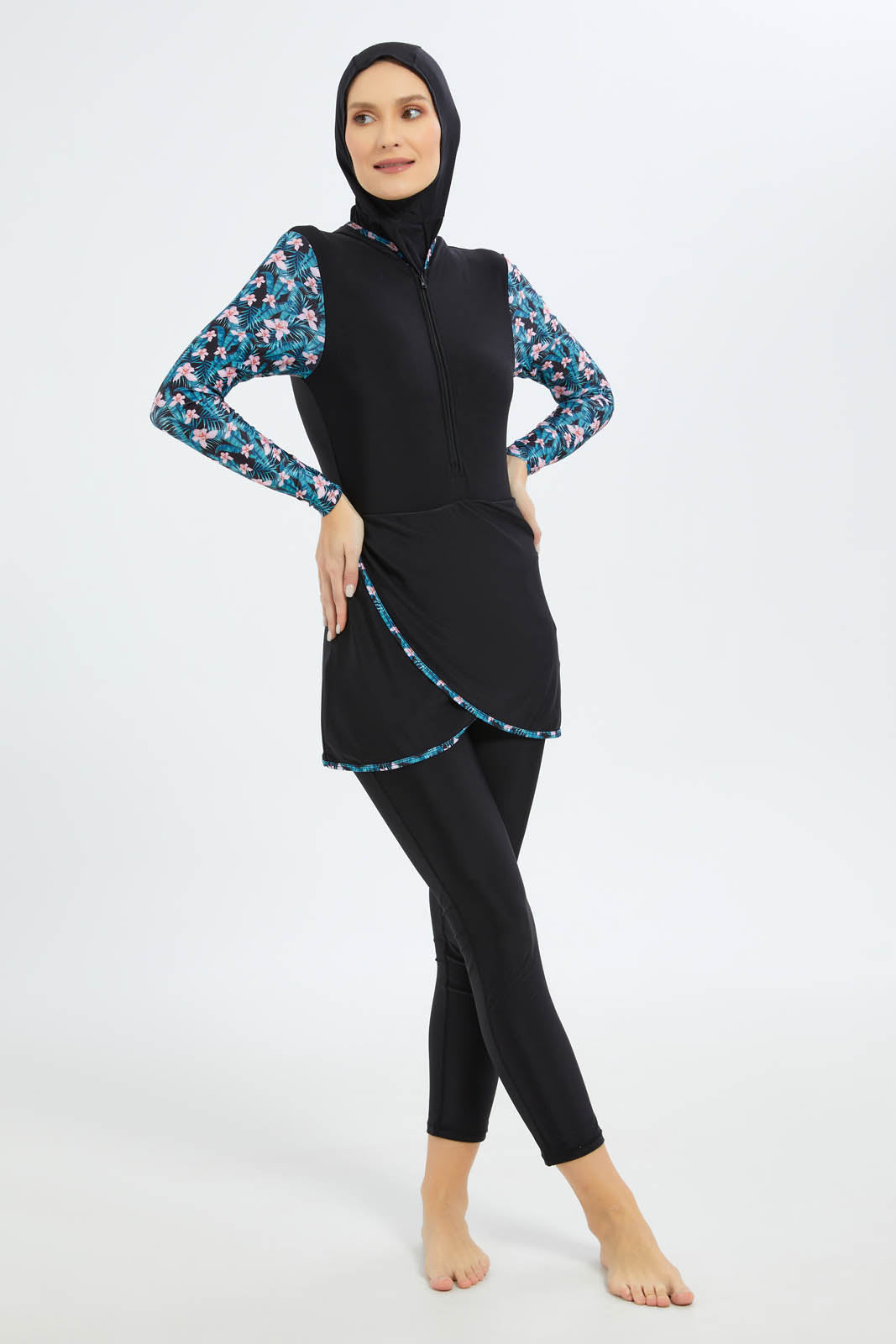 Redtag-Women-Black-Botanical-Print-Swim-Burkini-Top-And-Bottom-Set-Category:Swimwear,-Colour:Black,-Deals:New-In,-Filter:Women's-Clothing,-New-In-Women-APL,-Non-Sale,-S23B,-Section:Women,-Women-Swimwear--