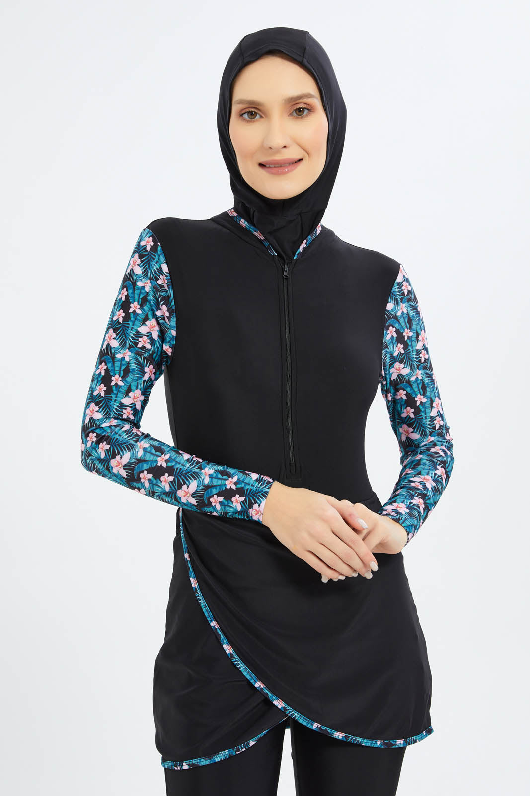 Redtag-Women-Black-Botanical-Print-Swim-Burkini-Top-And-Bottom-Set-Category:Swimwear,-Colour:Black,-Deals:New-In,-Filter:Women's-Clothing,-New-In-Women-APL,-Non-Sale,-S23B,-Section:Women,-Women-Swimwear--