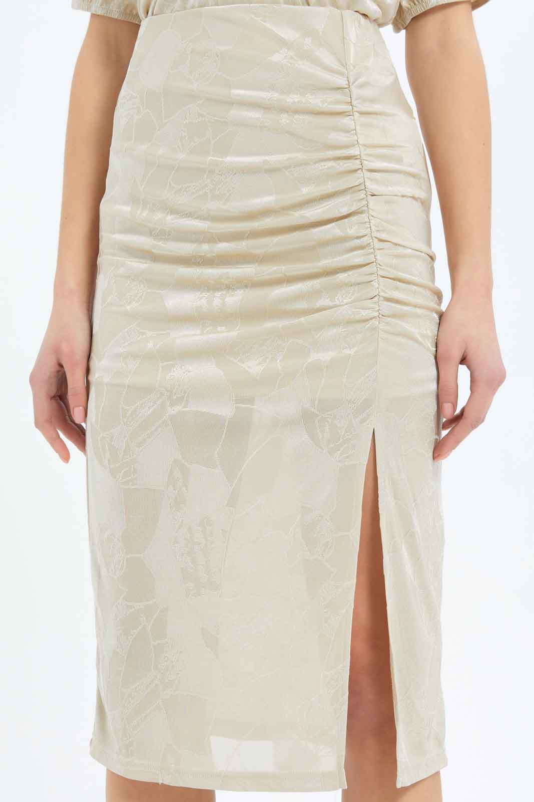Redtag-Women-Jacqaurd-Ruched-Skirt-Category:Skirts,-Colour:Beige,-Deals:New-In,-Filter:Women's-Clothing,-New-In-Women-APL,-Non-Sale,-RMD,-S23C,-Section:Women,-Women-Skirts-Women's-