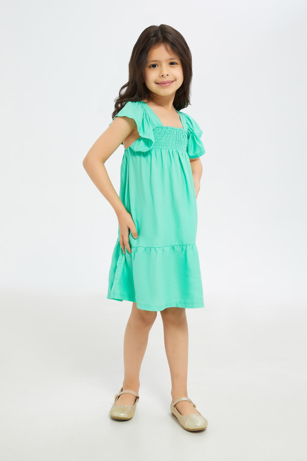 Redtag-Girls-Sleeveless-Shirred-Rufflee-Dress---Sage-Category:Dresses,-Colour:Green,-Deals:New-In,-Filter:Girls-(2-to-8-Yrs),-GIR-Dresses,-H1:KWR,-H2:GIR,-H3:DRS,-H4:CAD,-New-In-GIR-APL,-Non-Sale,-S23C,-Season:S23C,-Section:Girls-(0-to-14Yrs)-Girls-2 to 8 Years