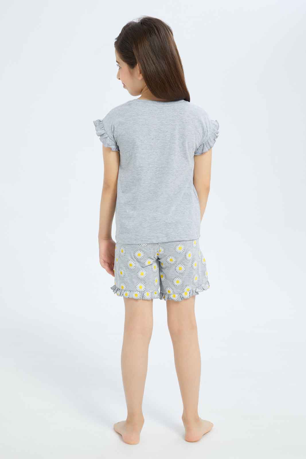 Redtag-Girls-Grey-Floral-Short-Pj-Set-Category:Pyjama-Sets,-Colour:Grey,-Deals:New-In,-Filter:Girls-(2-to-8-Yrs),-GIR-Pyjama-Sets,-New-In-GIR-APL,-Non-Sale,-S23B,-Section:Girls-(0-to-14Yrs)-Girls-2 to 8 Years