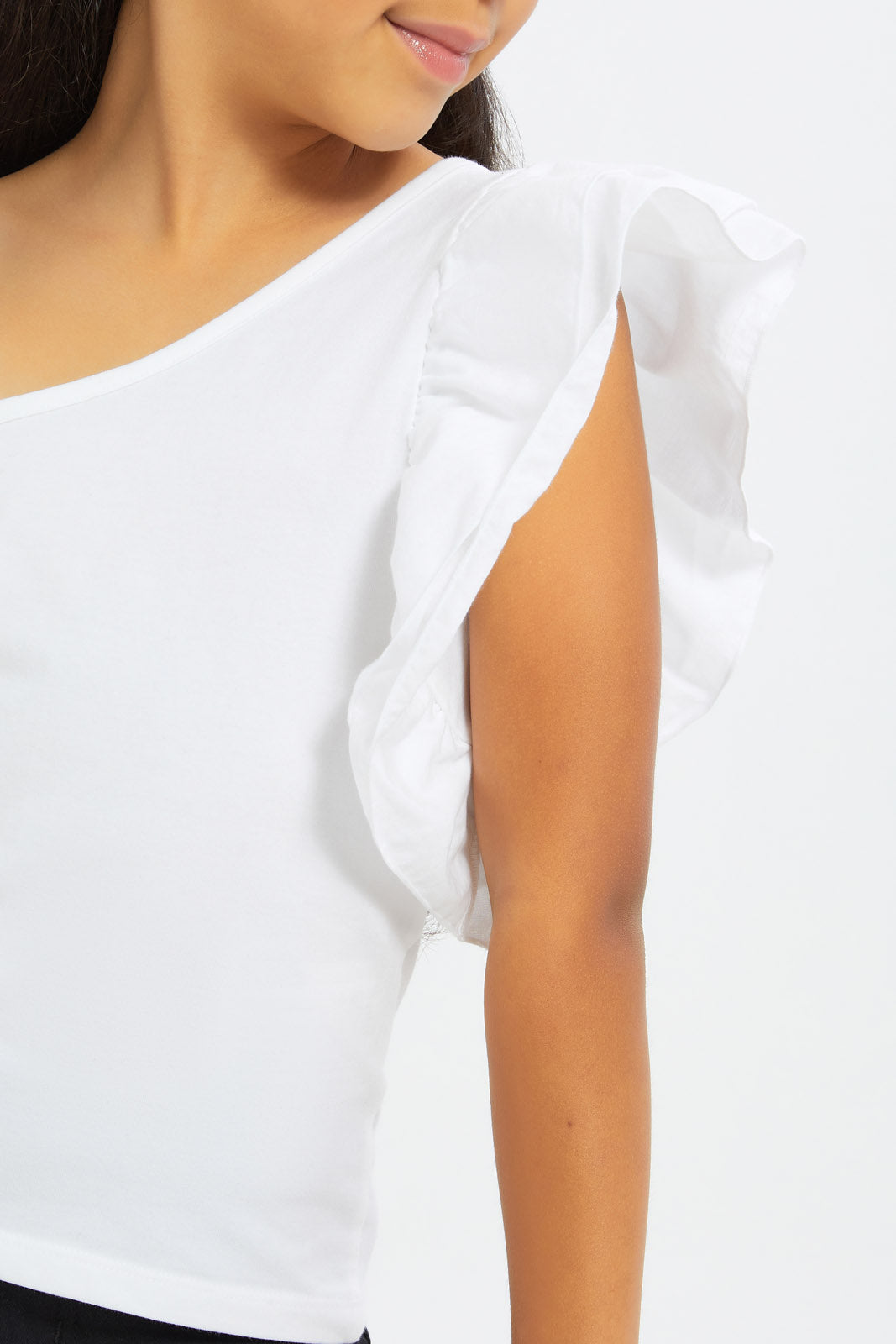 Redtag-Girls-Ruffle-1-Shoulder-Jersey-Top---White-Category:Jackets,-Colour:White,-Deals:New-In,-Filter:Girls-(2-to-8-Yrs),-GIR-Jackets,-H1:KWR,-H2:GIR,-H3:JYT,-H4:CJT,-New-In-GIR-APL,-Non-Sale,-S23C,-Season:S23C,-Section:Girls-(0-to-14Yrs)--