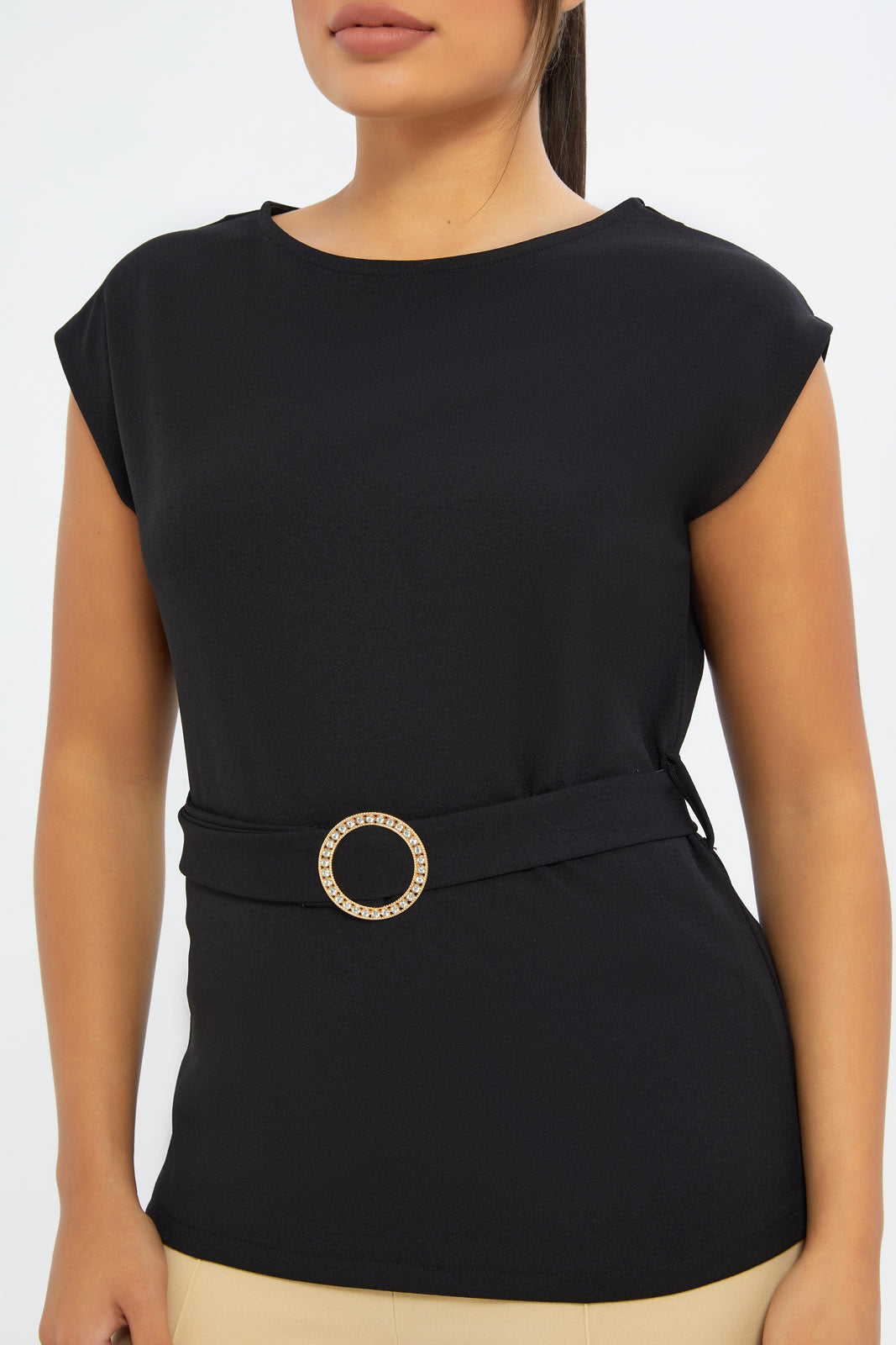 Redtag-Women-Black-Diamante-Belted-Top-Category:Tops,-Colour:Black,-Deals:New-In,-Event:RMD,-Filter:Women's-Clothing,-H1:LWR,-H2:LAD,-H3:JYT,-H4:FJT,-New-In-Women-APL,-Non-Sale,-Promo:RMD,-RMD,-S23C,-Season:S23C,-Section:Women,-Women-Tops-Women's-