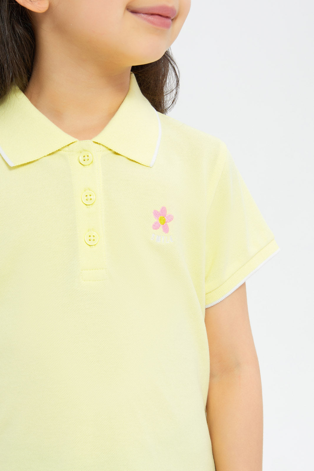 Redtag-Girls-Yellow-Solid-With-Embroidered-Polo-Shirt-Category:T-Shirts,-Colour:Yellow,-Deals:New-In,-Filter:Girls-(2-to-8-Yrs),-GIR-T-Shirts,-H1:KWR,-H2:GIR,-H3:TSH,-H4:CAT,-New-In-GIR-APL,-Non-Sale,-Promo:TBL,-S23C,-Season:S23C,-Section:Girls-(0-to-14Yrs),-TBL-Girls-2 to 8 Years