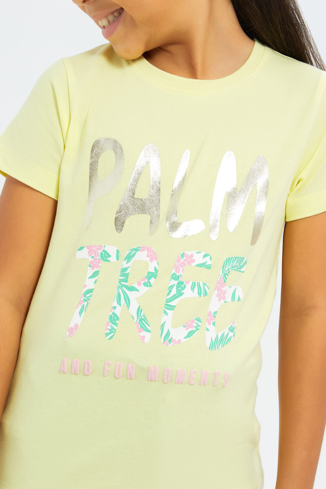 Redtag-Girls-Yellow-"Palm-Tree"-Foil-Print-Tshirt-Category:T-Shirts,-Colour:Yellow,-Deals:New-In,-Filter:Girls-(2-to-8-Yrs),-GIR-T-Shirts,-H1:KWR,-H2:GIR,-H3:TSH,-H4:CAT,-New-In-GIR-APL,-Non-Sale,-S23C,-Season:S23C,-Section:Girls-(0-to-14Yrs),-TBL-Girls-2 to 8 Years