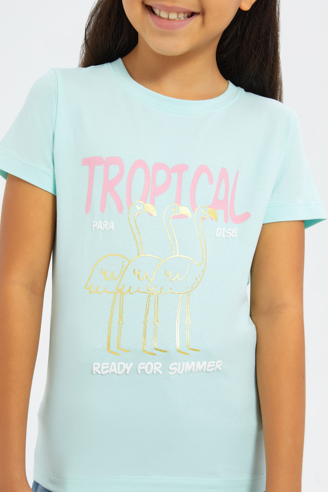 Redtag-Girls-Blue-"Tropical"-Foil-Print-Tshirt-Category:T-Shirts,-Colour:Blue,-Deals:New-In,-Filter:Girls-(2-to-8-Yrs),-GIR-T-Shirts,-H1:KWR,-H2:GIR,-H3:TSH,-H4:CAT,-New-In-GIR-APL,-Non-Sale,-S23C,-Season:S23C,-Section:Girls-(0-to-14Yrs),-TBL-Girls-2 to 8 Years