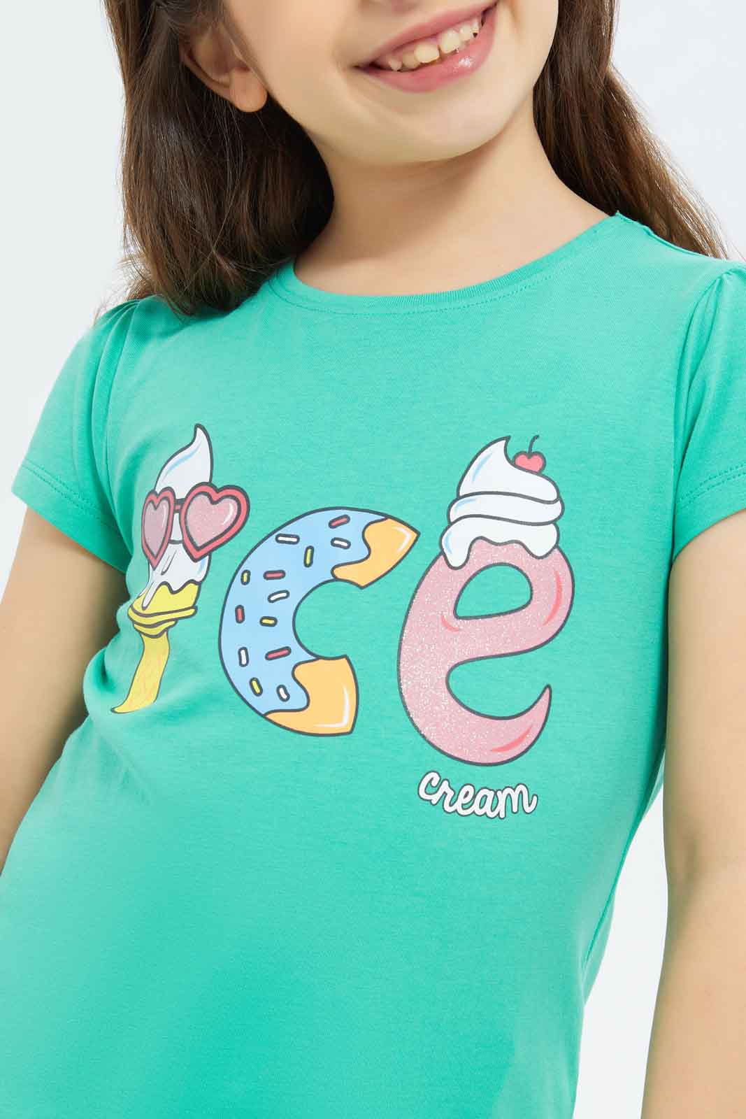 Redtag-Girls-Green-"Ice-Cream"-Print-Category:T-Shirts,-Colour:Green,-Deals:New-In,-Filter:Girls-(2-to-8-Yrs),-GIR-T-Shirts,-New-In-GIR-APL,-Non-Sale,-S23C,-Section:Girls-(0-to-14Yrs),-TBL-Girls-2 to 8 Years