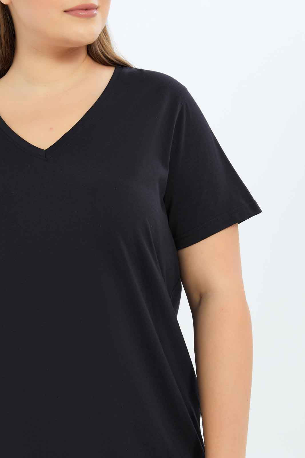 Redtag-Women-Black-V-Neck-T-Shirt-Category:T-Shirts,-Colour:Black,-Deals:New-In,-Filter:Plus-Size,-LDP-T-Shirts,-New-In-LDP-APL,-Non-Sale,-S23B,-Section:Women-Women's-