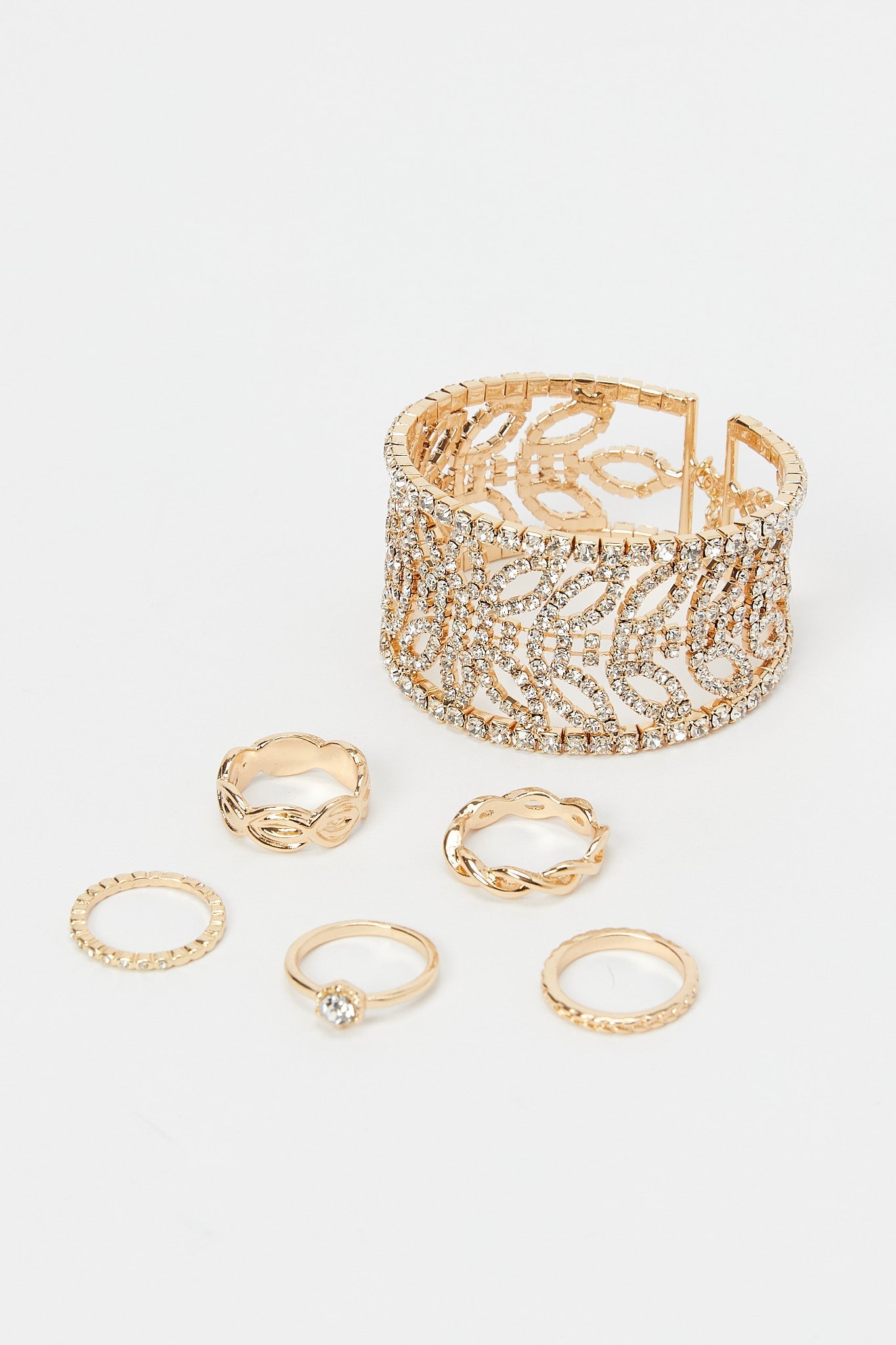 Redtag-Gold-And-Rhine-Stone-Bracelet-&-Rings-Set-Category:Jwellery,-Colour:Assorted,-Filter:Women's-Accessories,-New-In,-New-In-Women-ACC,-Non-Sale,-RMD,-S23B,-Section:Women,-Women-Jewellery-Women-