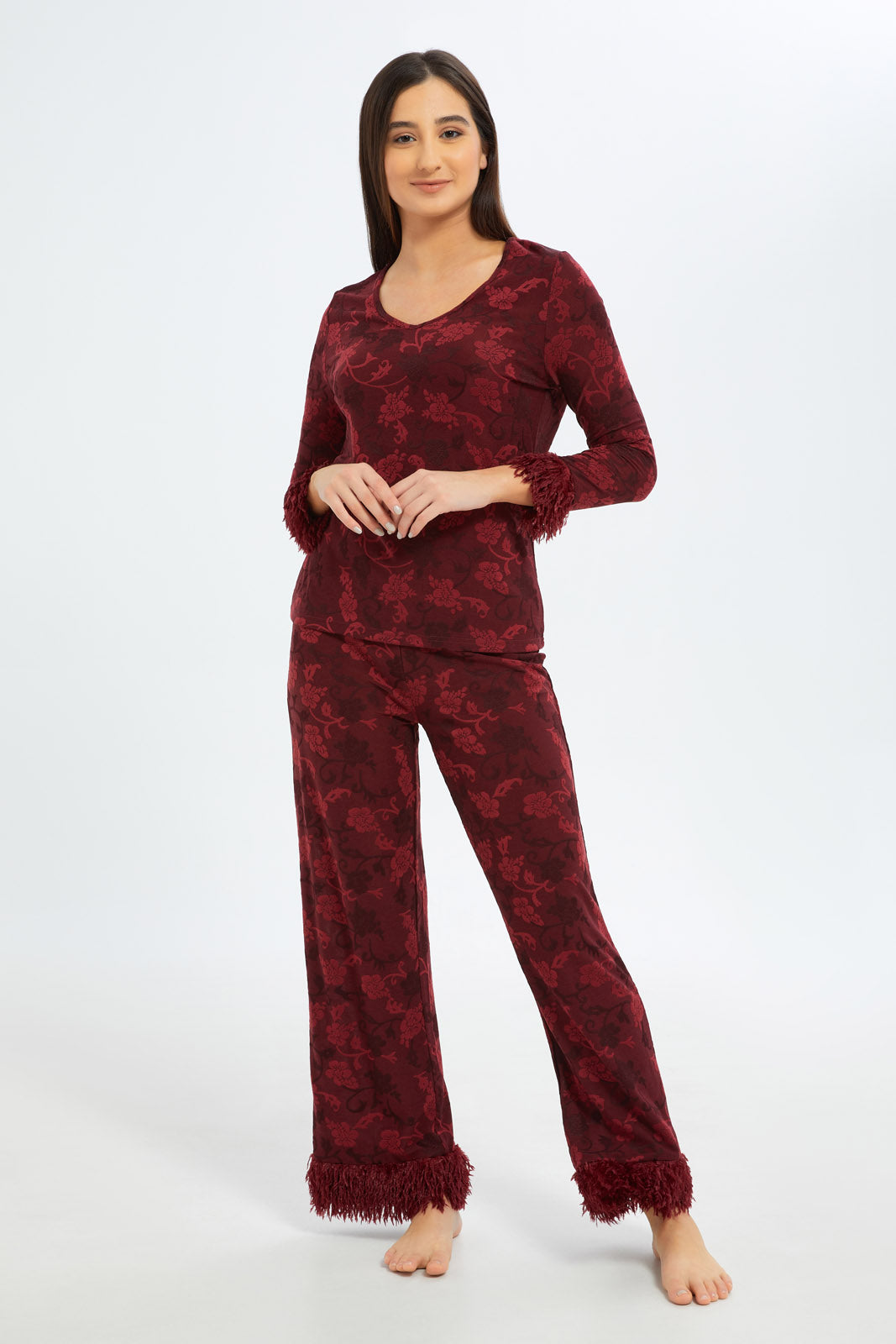 Redtag-Women-Burgundy-Pyjama-Set-With-Fringe-Category:Pyjama-Sets,-Colour:Burgundy,-Deals:New-In,-Filter:Women's-Clothing,-H1:LWR,-H2:LDN,-H3:NWR,-H4:PJS,-New-In-Women-APL,-Non-Sale,-S23C,-Season:S23C,-Section:Women,-Women-Pyjama-Sets--