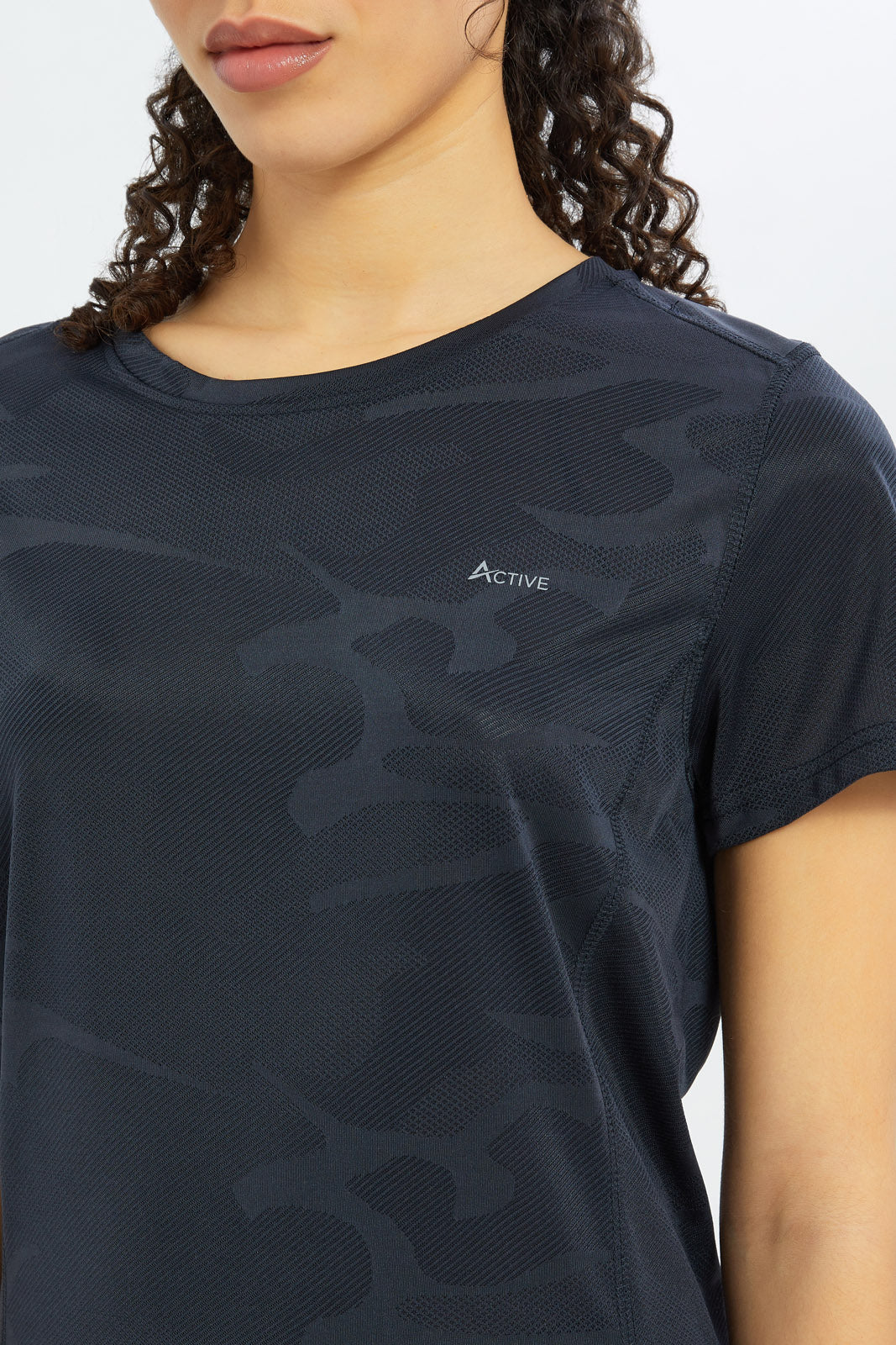 Redtag-Women-Navy-Jacquard-Printed-Basic-T-Shirt-Category:T-Shirts,-Colour:Navy,-Deals:New-In,-Filter:Women's-Clothing,-H1:LWR,-H2:LAD,-H3:SPW,-H4:ATS,-New-In-Women-APL,-Non-Sale,-S23C,-Season:S23C,-Section:Women,-Women-T-Shirts-Women's-
