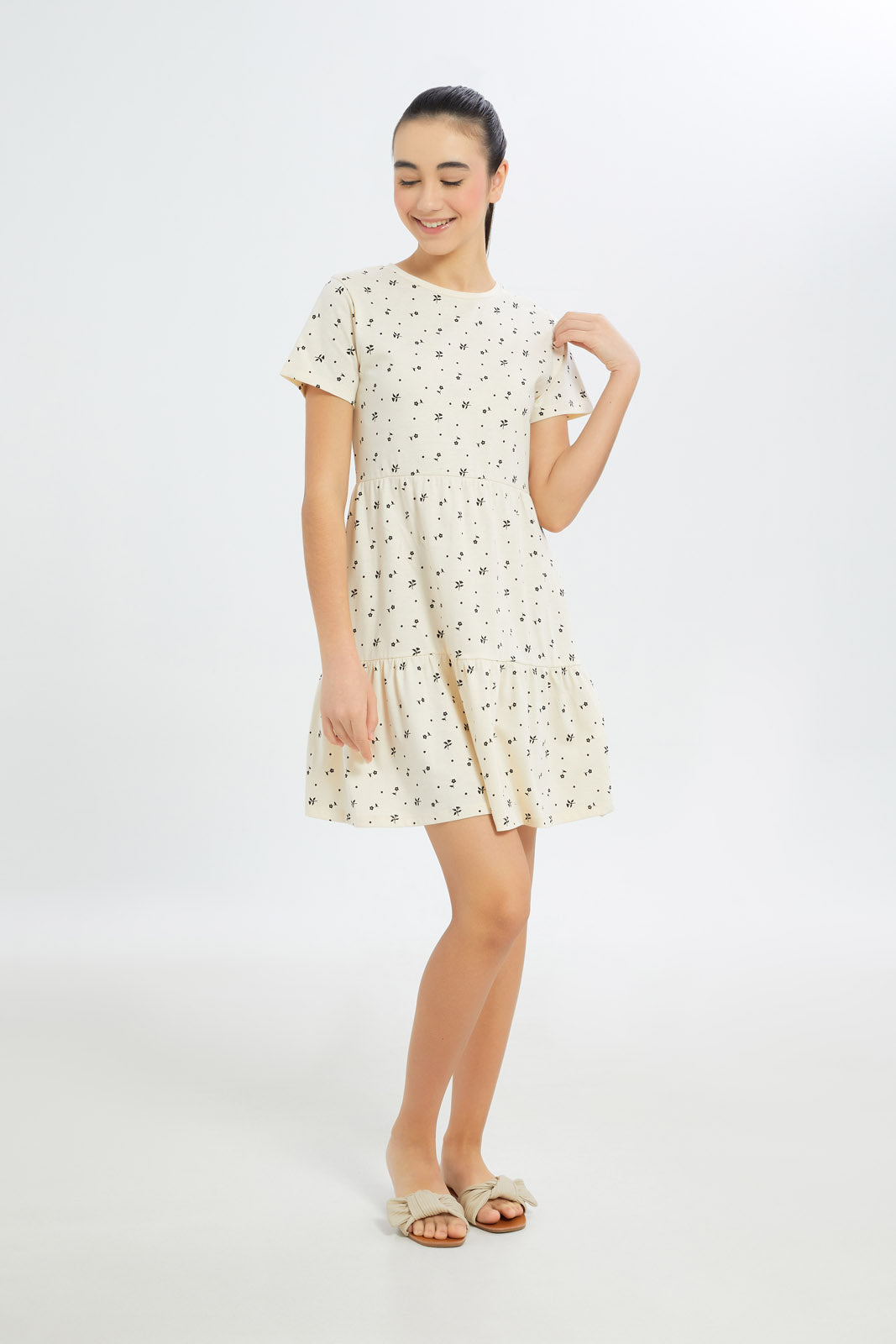 Redtag-Girls-Beige/White-Floral-Tiered-Dress-Category:Dresses,-Colour:Beige,-Deals:New-In,-Dress-Size:Short-Dress,-Event:STRATEGY,-Filter:Senior-Girls-(8-to-14-Yrs),-GSR-Dresses,-H1:KWR,-H2:GSR,-H3:DRS,-H4:CAD,-New-In-GSR-APL,-Non-Sale,-Promo:PPE,-S23B,-Season:S23B,-Section:Girls-(0-to-14Yrs)-Senior-Girls-9 to 14 Years