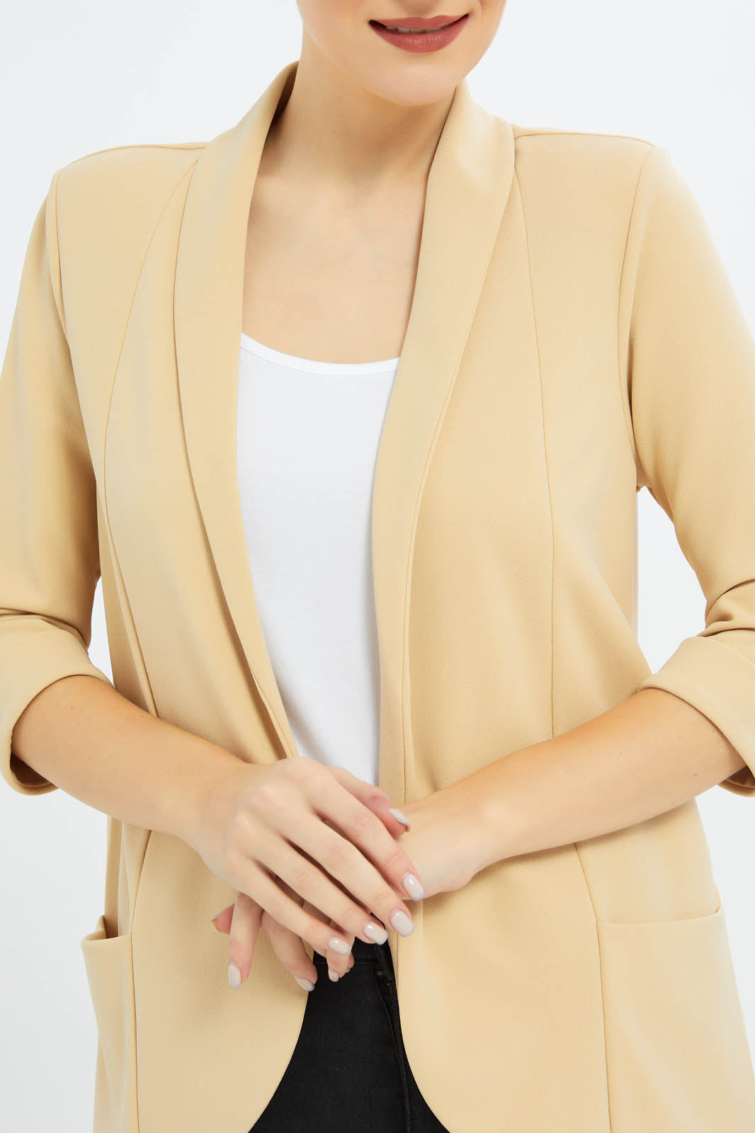 Redtag-Women-Cream-3/4-Rollup-Sleeve-Jacket-Category:Jackets,-Colour:Cream,-Deals:New-In,-Filter:Women's-Clothing,-New-In-Women-APL,-Non-Sale,-S23C,-Section:Women,-Women-Jackets-Women's-