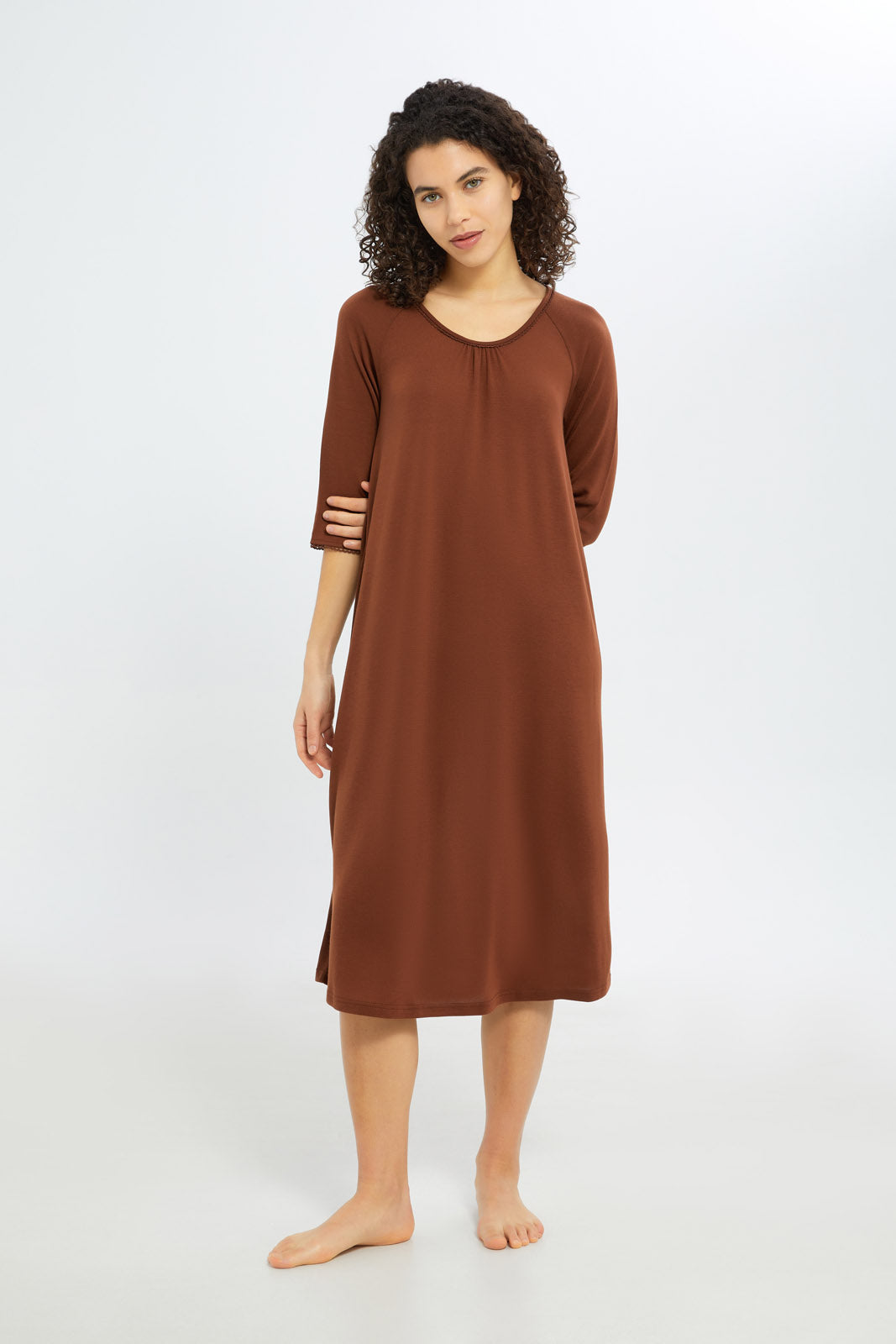 Redtag-Women-Brown-Long-Sleeves-Nightgown-Category:Nightgowns,-Colour:Brown,-Deals:New-In,-Filter:Women's-Clothing,-H1:LWR,-H2:LDN,-H3:NWR,-H4:NGN,-New-In-Women-APL,-Non-Sale,-S23C,-Season:S23C,-Section:Women,-Women-Nightgowns--