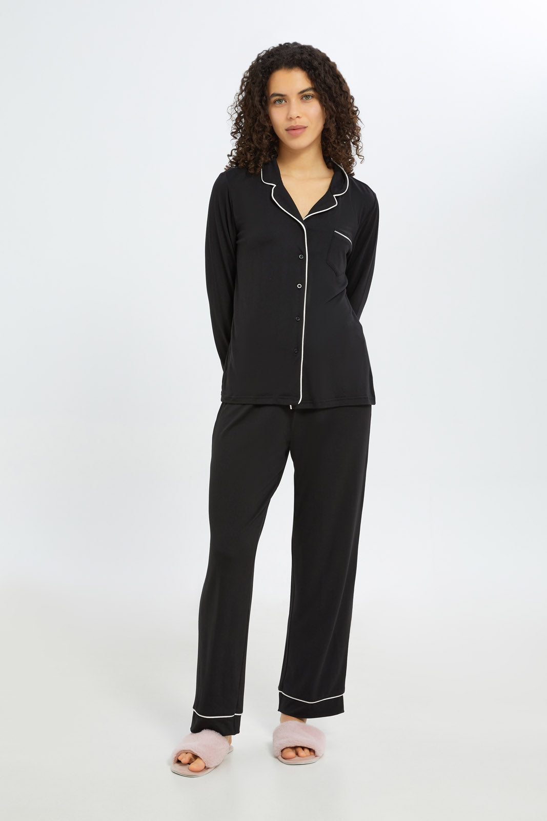 Redtag-Women-Black-Solid-Long-Sleeves-Classic-Pajama-Set-Category:Pyjama-Sets,-Colour:Black,-Deals:New-In,-Filter:Women's-Clothing,-H1:LWR,-H2:LDN,-H3:NWR,-H4:PJS,-New-In-Women-APL,-Non-Sale,-RMD,-S23C,-Season:S23C,-Section:Women,-Women-Pyjama-Sets--