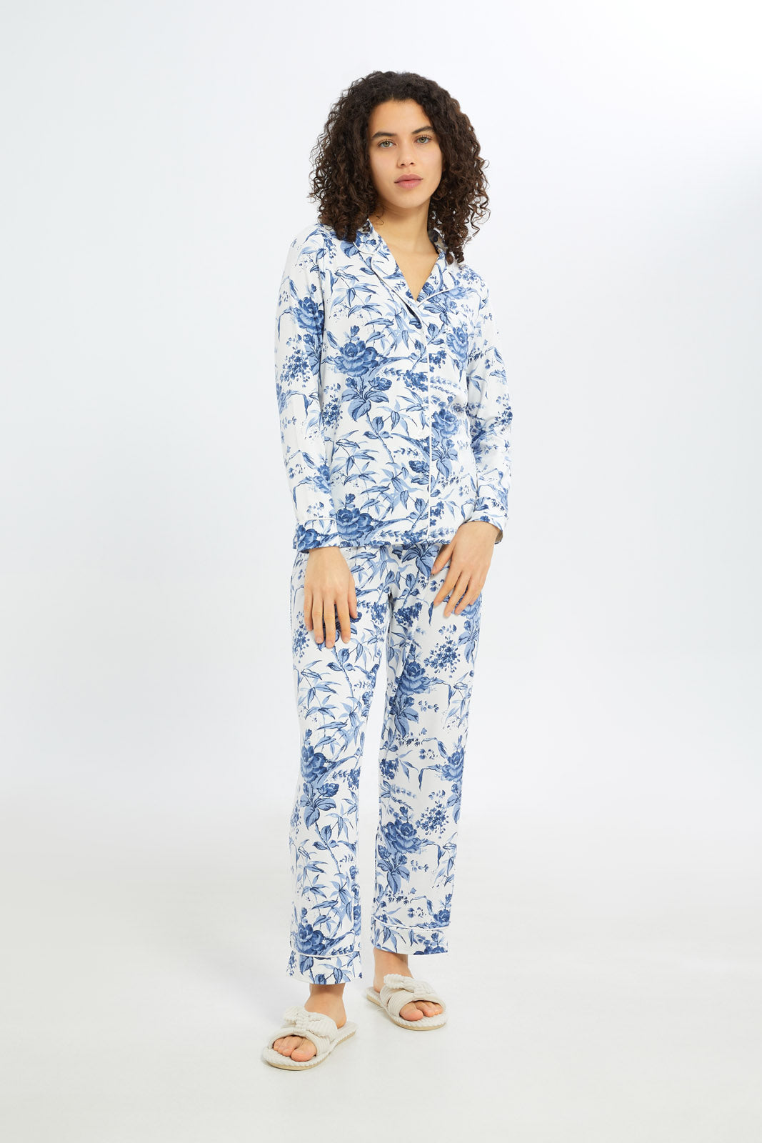 Redtag-Women-White-Aop-Long-Sleeves-Classic-Pajama-Set-Category:Pyjama-Sets,-Colour:White,-Deals:New-In,-Filter:Women's-Clothing,-H1:LWR,-H2:LDN,-H3:NWR,-H4:PJS,-New-In-Women-APL,-Non-Sale,-RMD,-S23C,-Season:S23C,-Section:Women,-Women-Pyjama-Sets--