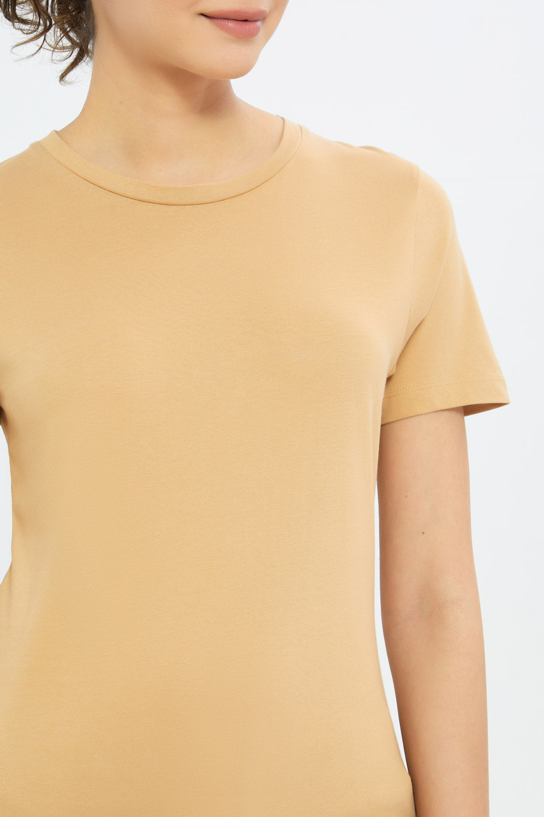 Redtag-Women-Brown-Short-Sleeve-Crew-Neck-T-Shirt-BASICS,-Category:T-Shirts,-Colour:Brown,-Deals:New-In,-Filter:Women's-Clothing,-H1:LWR,-H2:LAD,-H3:TSH,-H4:CAT,-New-In-Women-APL,-Non-Sale,-Promo:TBL,-S23B,-Season:S23B,-Section:Women,-TBL,-Women-T-Shirts-Women's-