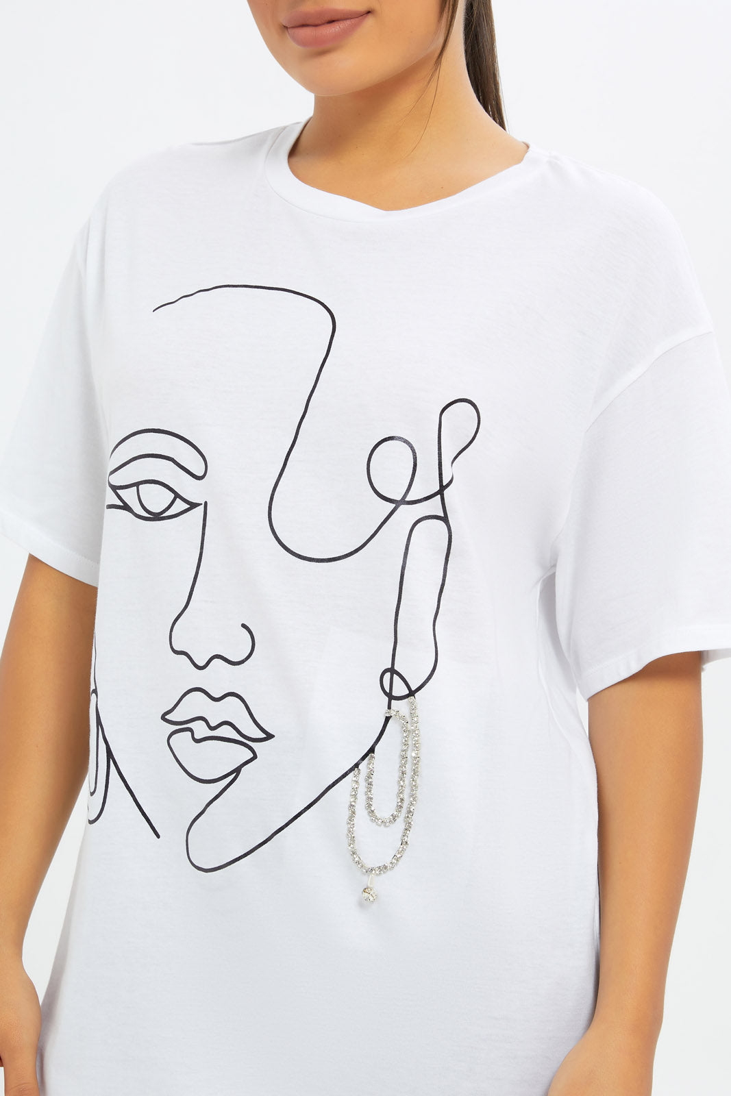 Redtag-Women-White-Line-Art-Embellished-T-Shirt-Category:T-Shirts,-Colour:White,-Deals:New-In,-Filter:Women's-Clothing,-H1:LWR,-H2:LAD,-H3:TSH,-H4:CAT,-New-In-Women-APL,-Non-Sale,-S23C,-Season:S23C,-Section:Women,-Women-T-Shirts-Women's-