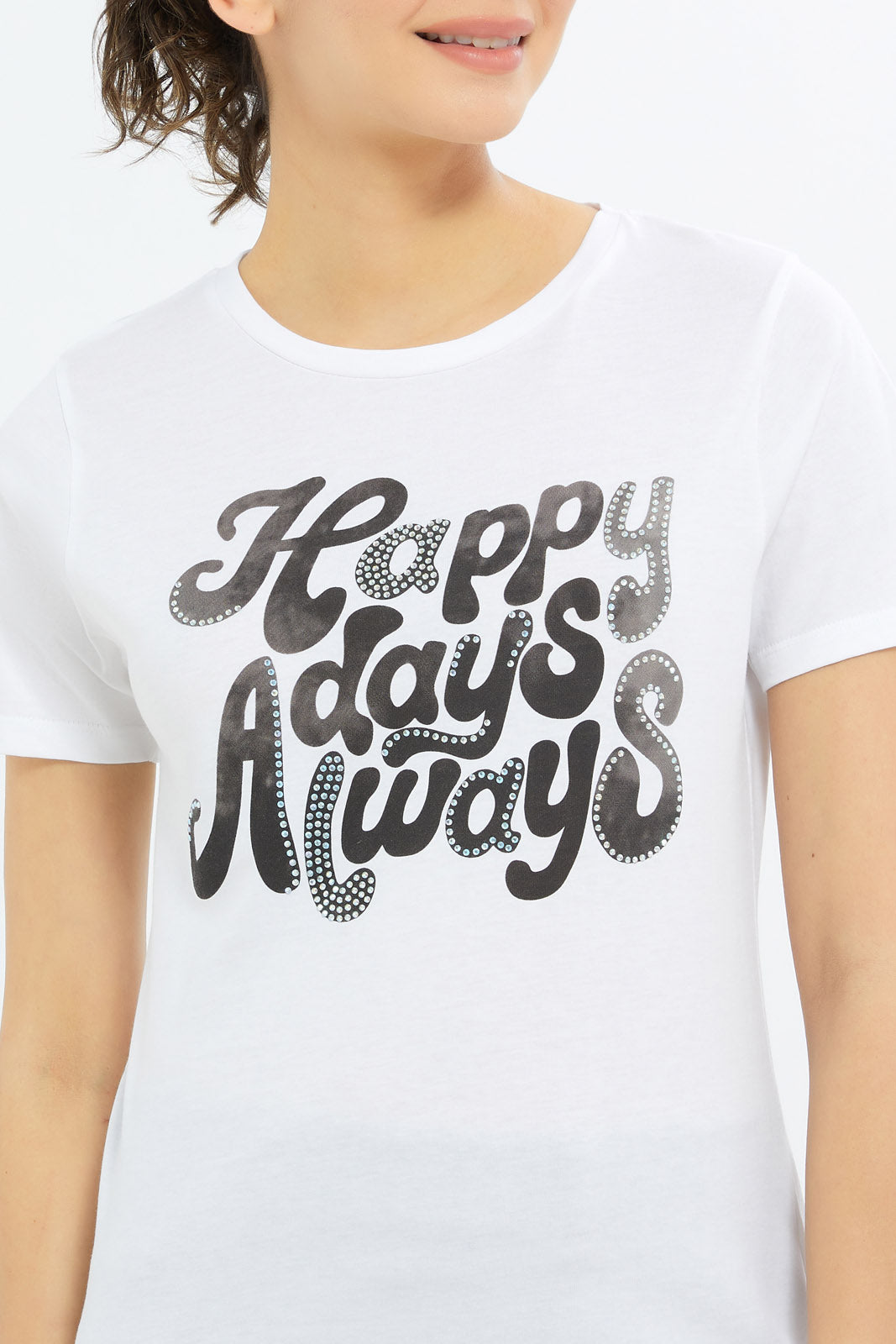 Redtag-Women-White-Happy-Days-Embellished-T-Shirt-Category:T-Shirts,-Colour:White,-Deals:New-In,-Filter:Women's-Clothing,-H1:LWR,-H2:LAD,-H3:TSH,-H4:CAT,-New-In-Women-APL,-Non-Sale,-Promo:TBL,-S23C,-Season:S23C,-Section:Women,-TBL,-Women-T-Shirts-Women's-