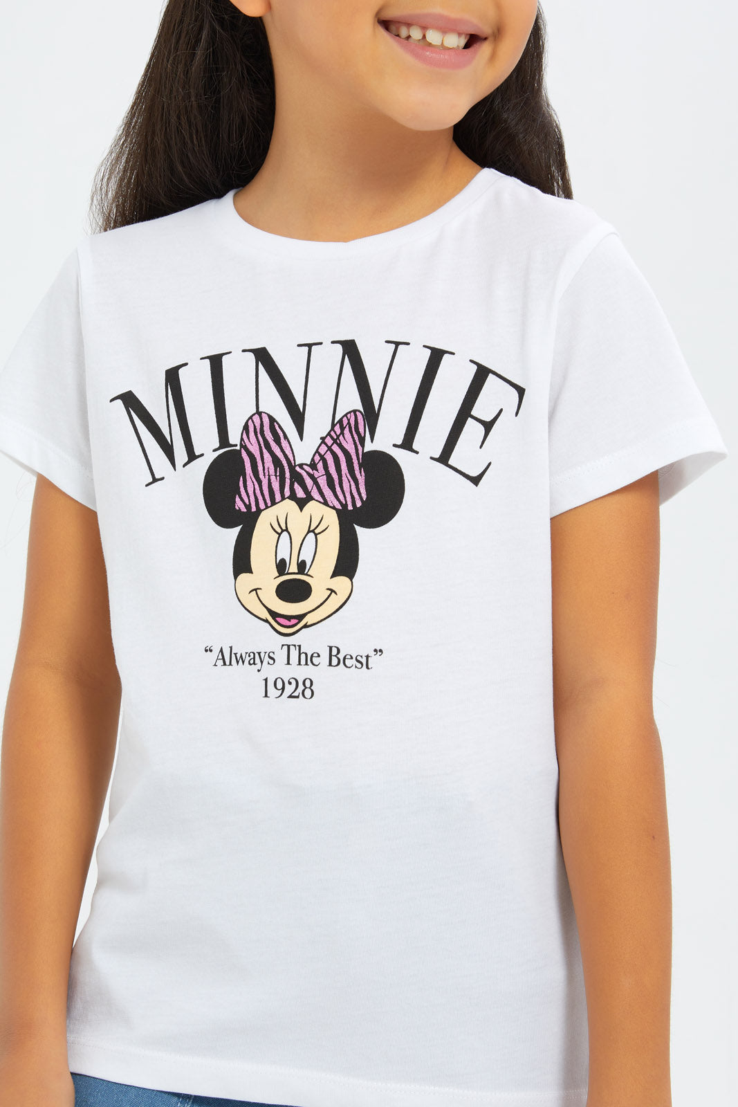 Redtag-Girls-White-Minnie-Placement-Print-T-Shirt-Category:T-Shirts,-CHA,-Colour:White,-Deals:New-In,-Filter:Girls-(2-to-8-Yrs),-GIR-T-Shirts,-H1:KWR,-H2:GIR,-H3:TSH,-H4:CAT,-New-In-GIR-APL,-Non-Sale,-S23C,-Season:S23C,-Section:Girls-(0-to-14Yrs),-TBL-Girls-2 to 8 Years