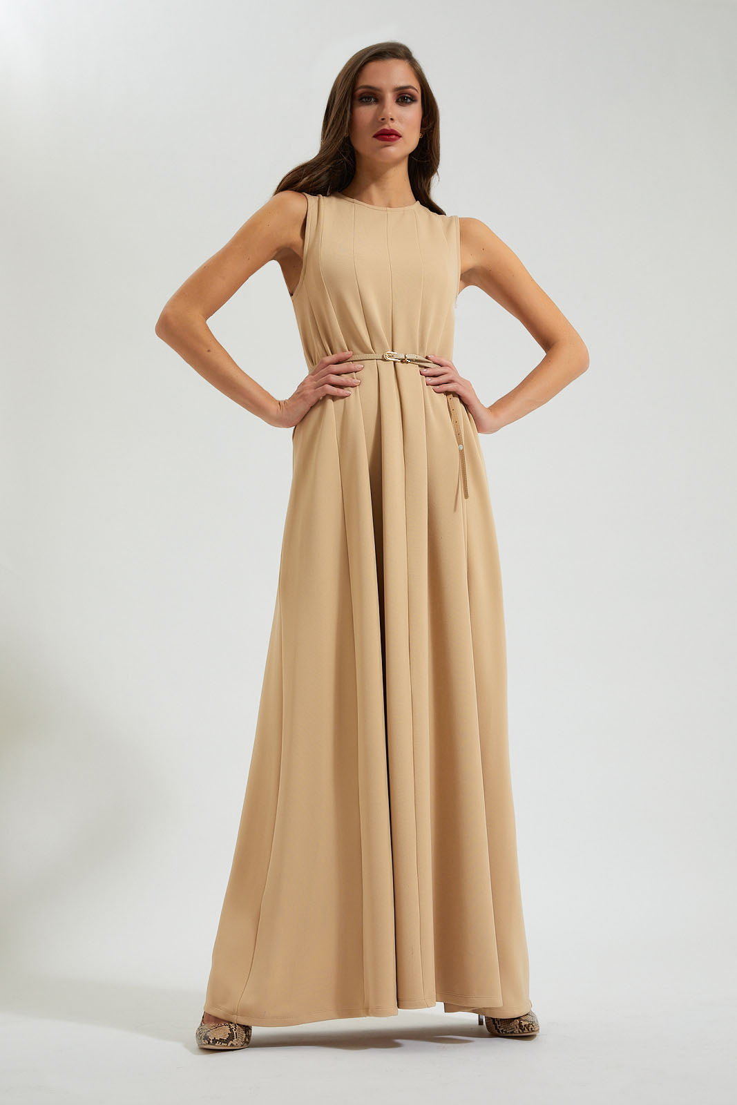 Sand Flared Belted Dress