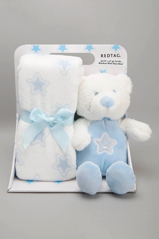 White/Blue Baby Blanket With Toy Bear - REDTAG