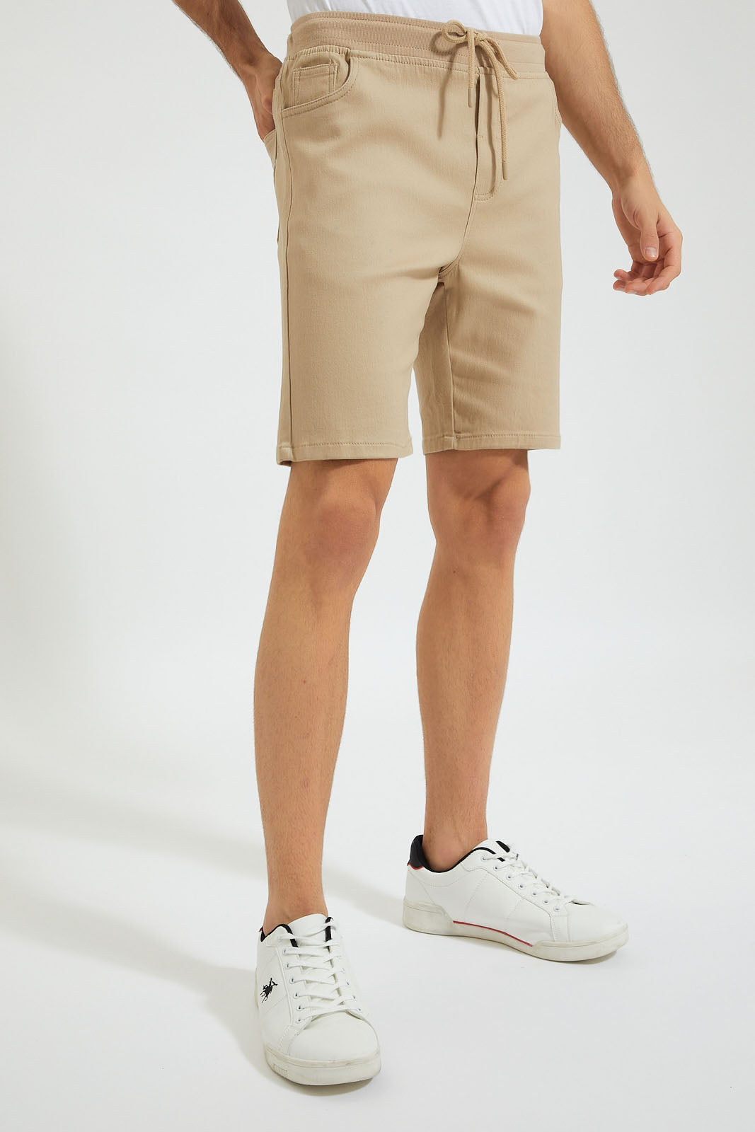 Beige Knit Denim Pull On Short