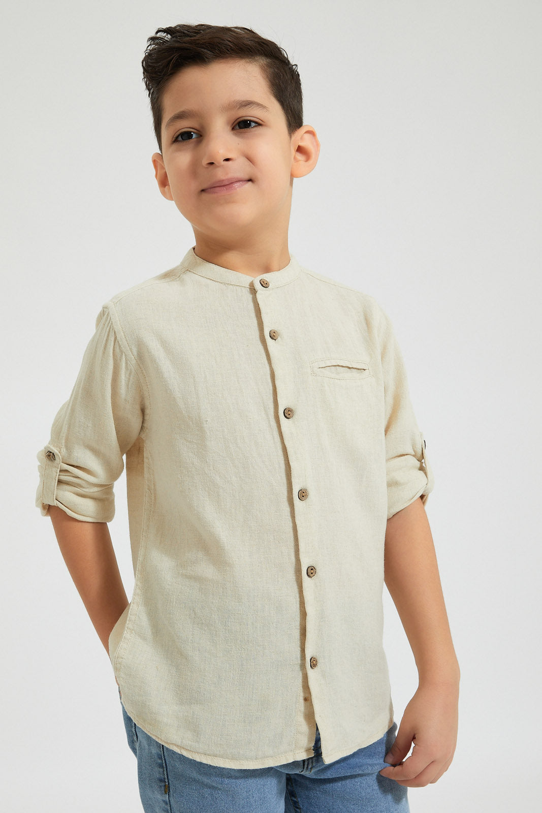Beige Mandarin Plain Shirt