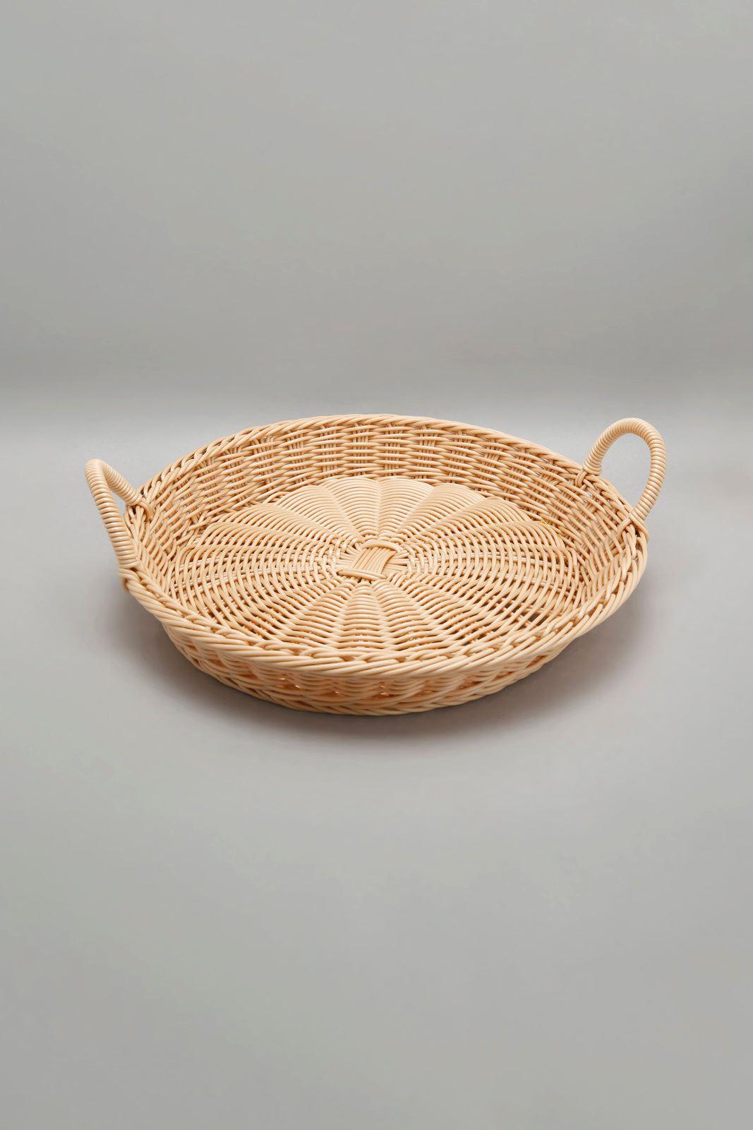Beige Round Woven Basket With Handle
