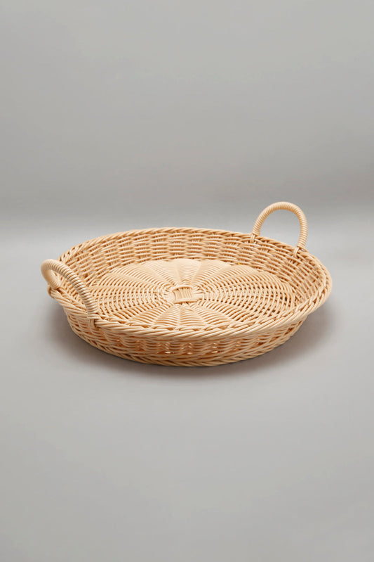 Beige Round Woven Basket With Handle