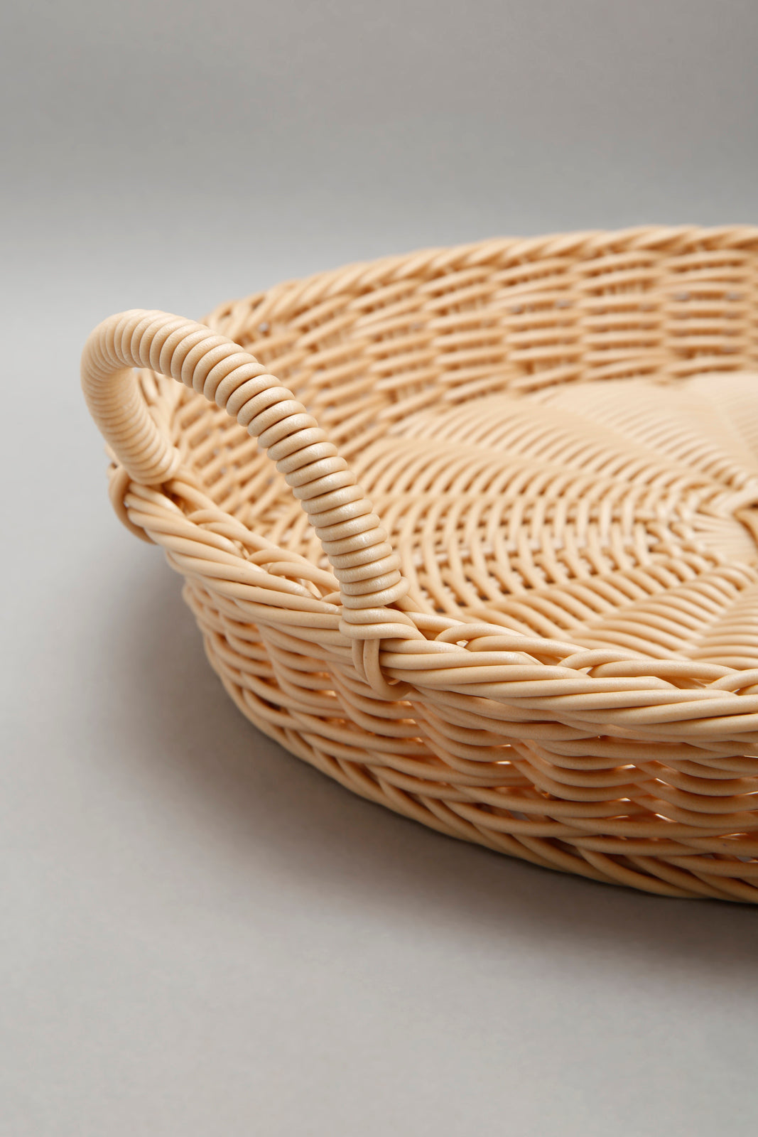 Beige Round Woven Basket With Handle