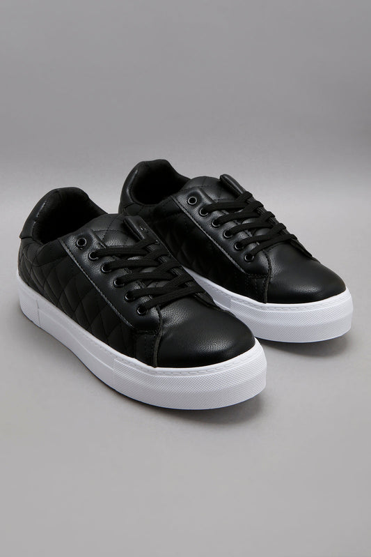 Wider Fit Black Quilt & Textured Lace Up Sneaker