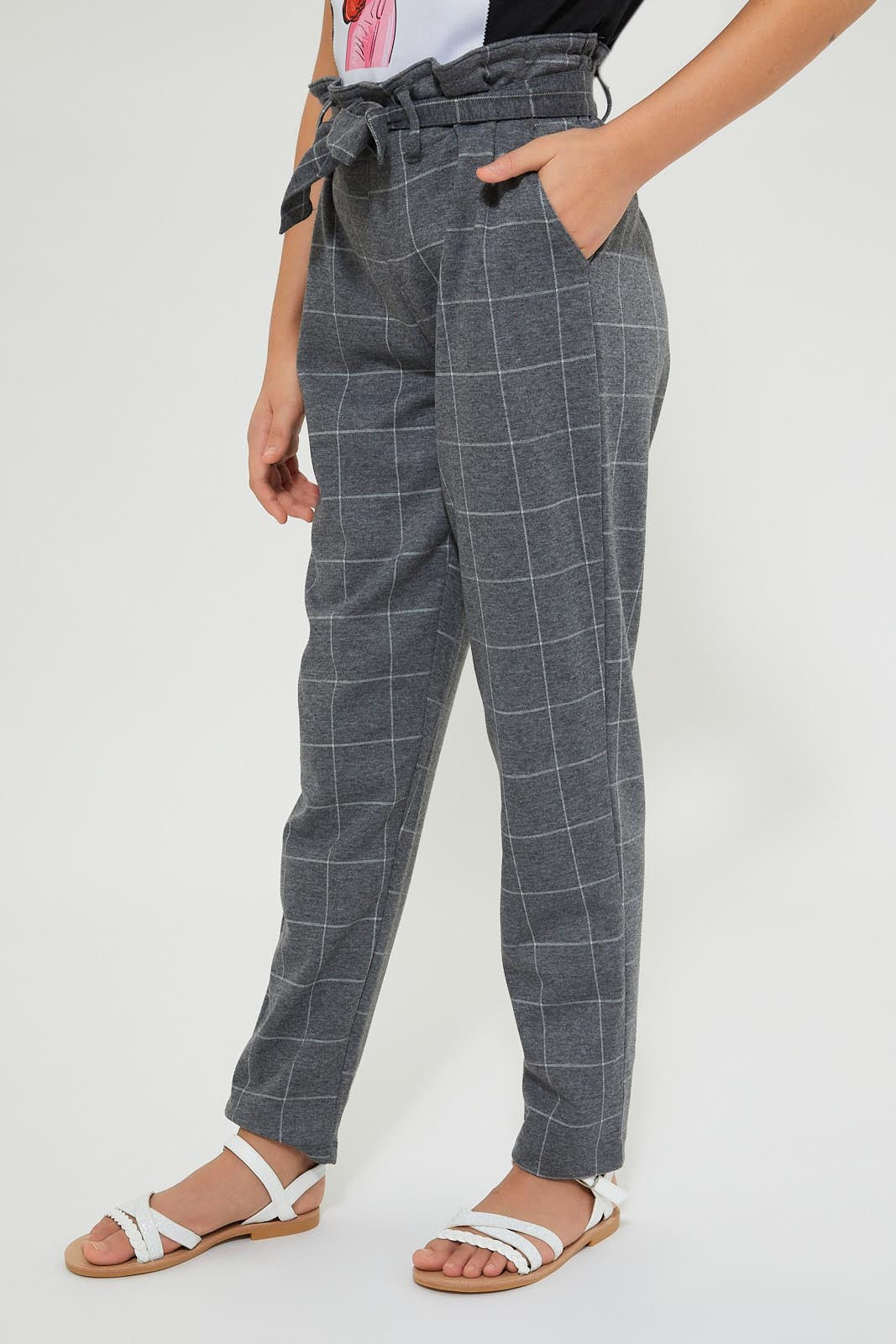 Grey Checkered Paperbag-Waist Trouser