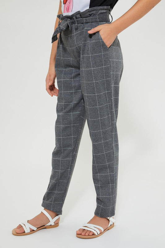 Grey Checkered Paperbag-Waist Trouser