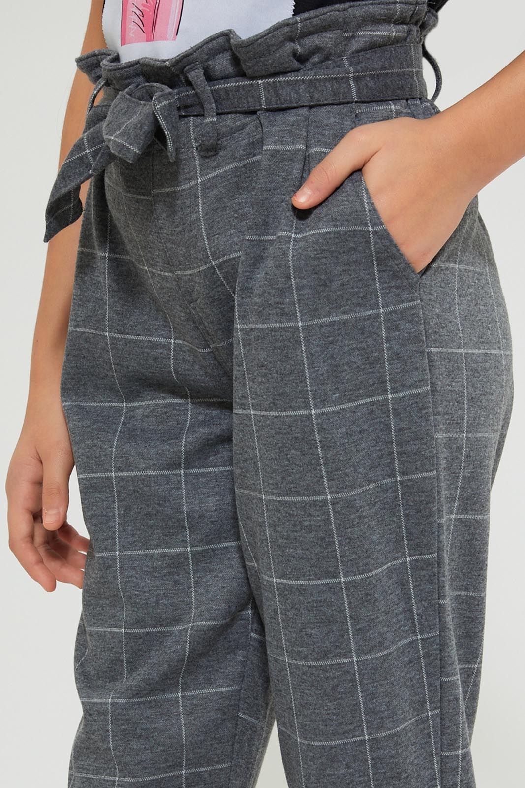 Grey Checkered Paperbag-Waist Trouser