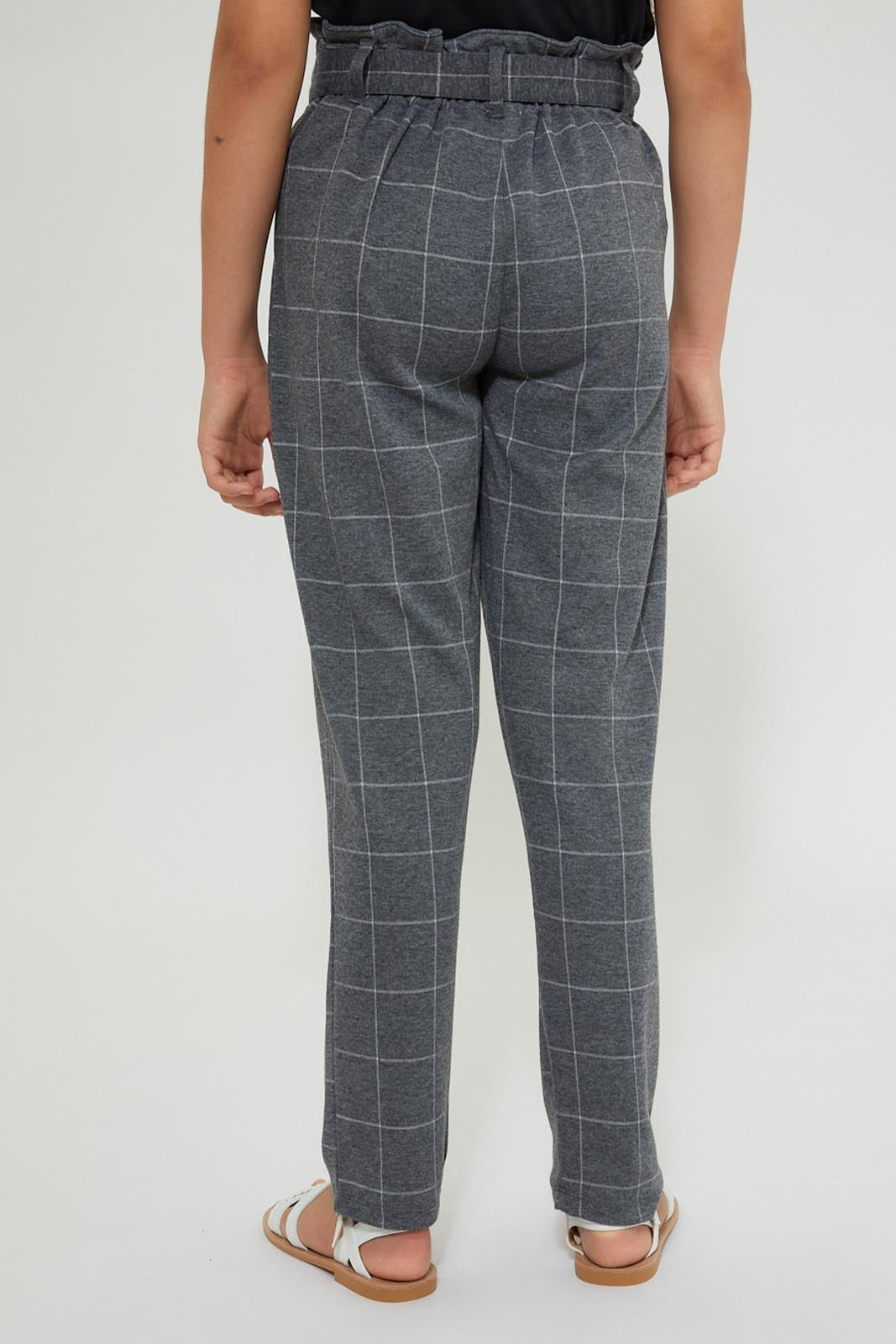 Grey Checkered Paperbag-Waist Trouser